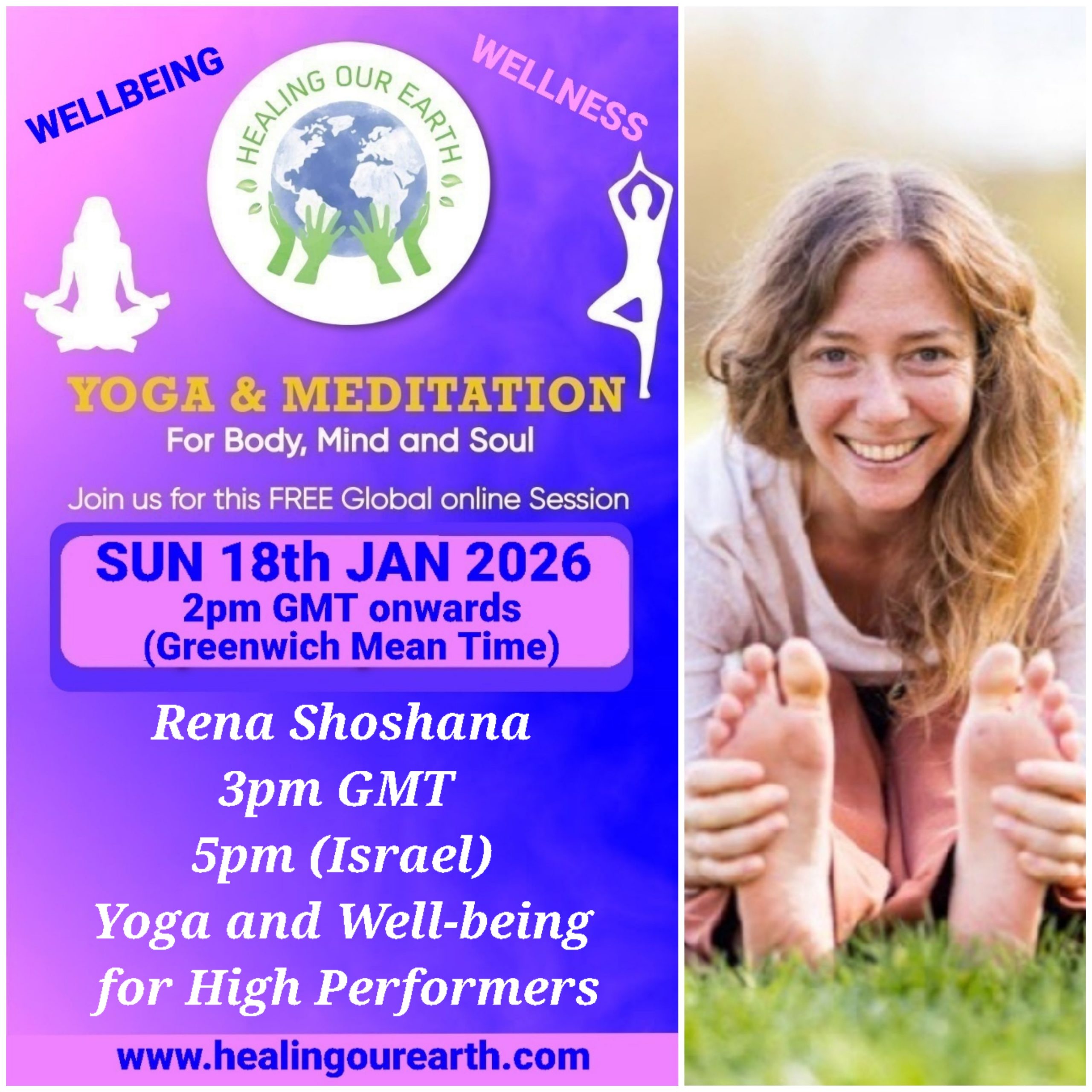 A collage of profiles for a yoga and meditation event, featuring 16 diverse individuals with their names, event roles, and session details like times and topics. Includes social media links, a healingourarth.net website, and event logos. The background is purple with yellow accents.