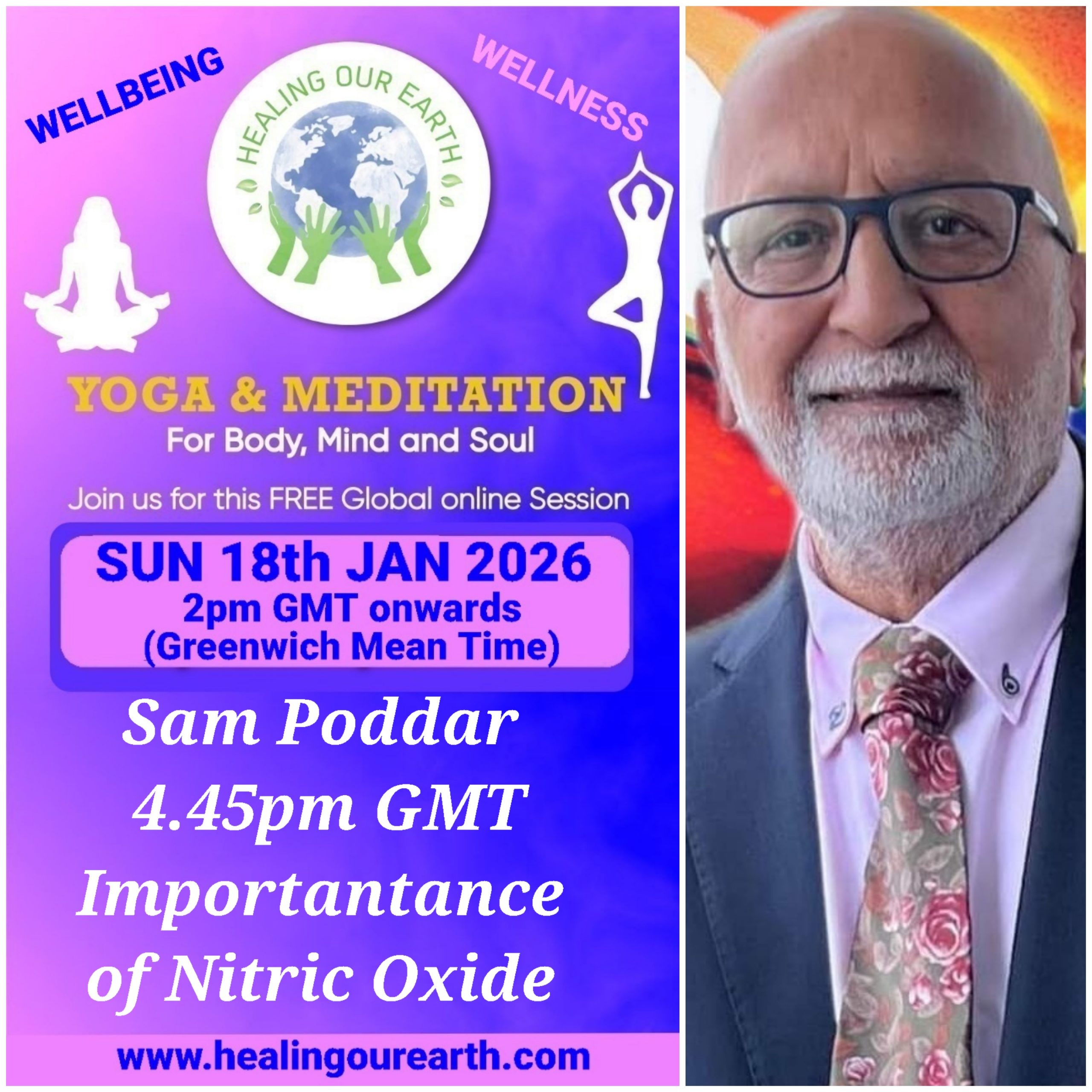 A collage of profiles for a yoga and meditation event, featuring 16 diverse individuals with their names, event roles, and session details like times and topics. Includes social media links, a healingourarth.net website, and event logos. The background is purple with yellow accents.