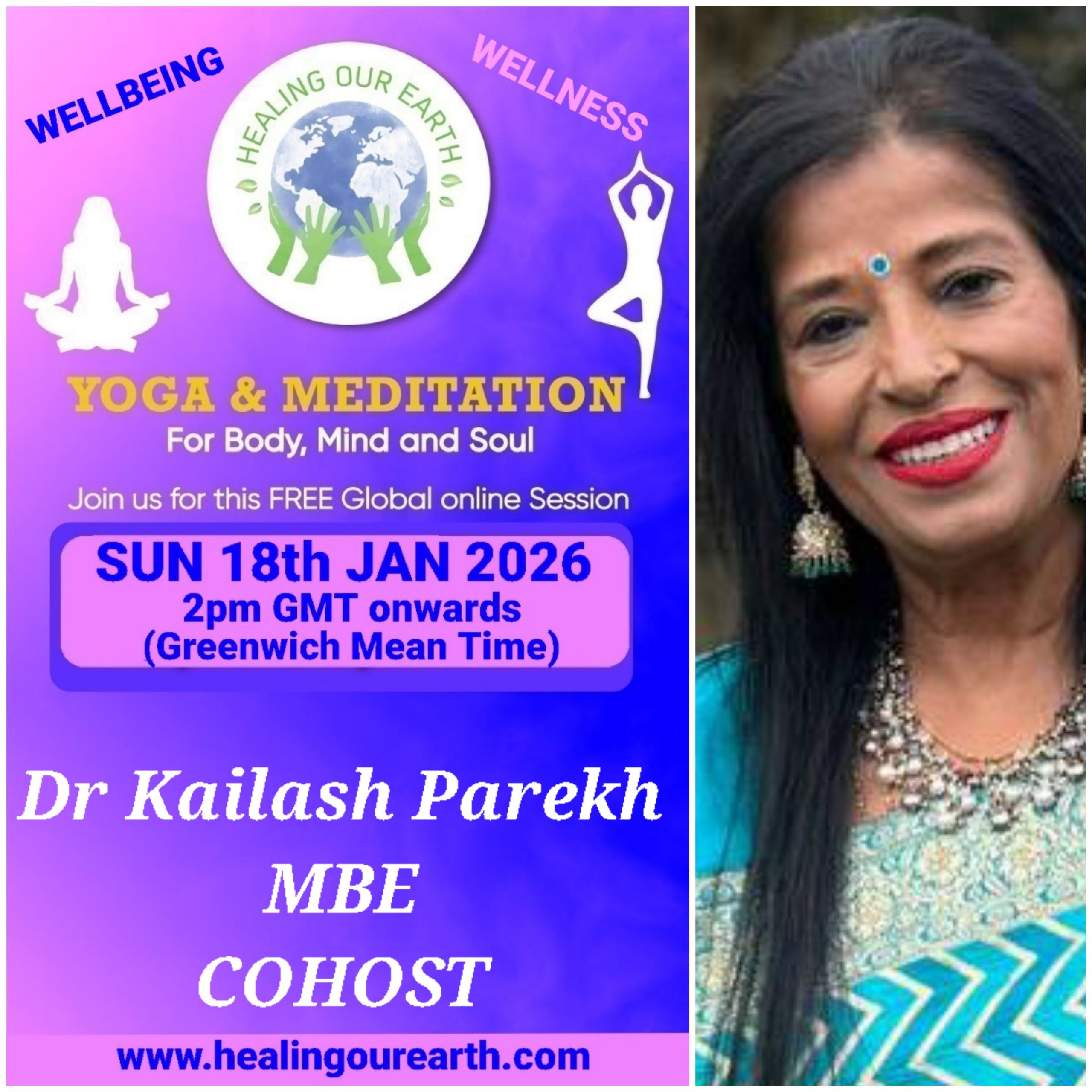 A collage of profiles for a yoga and meditation event, featuring 16 diverse individuals with their names, event roles, and session details like times and topics. Includes social media links, a healingourarth.net website, and event logos. The background is purple with yellow accents.