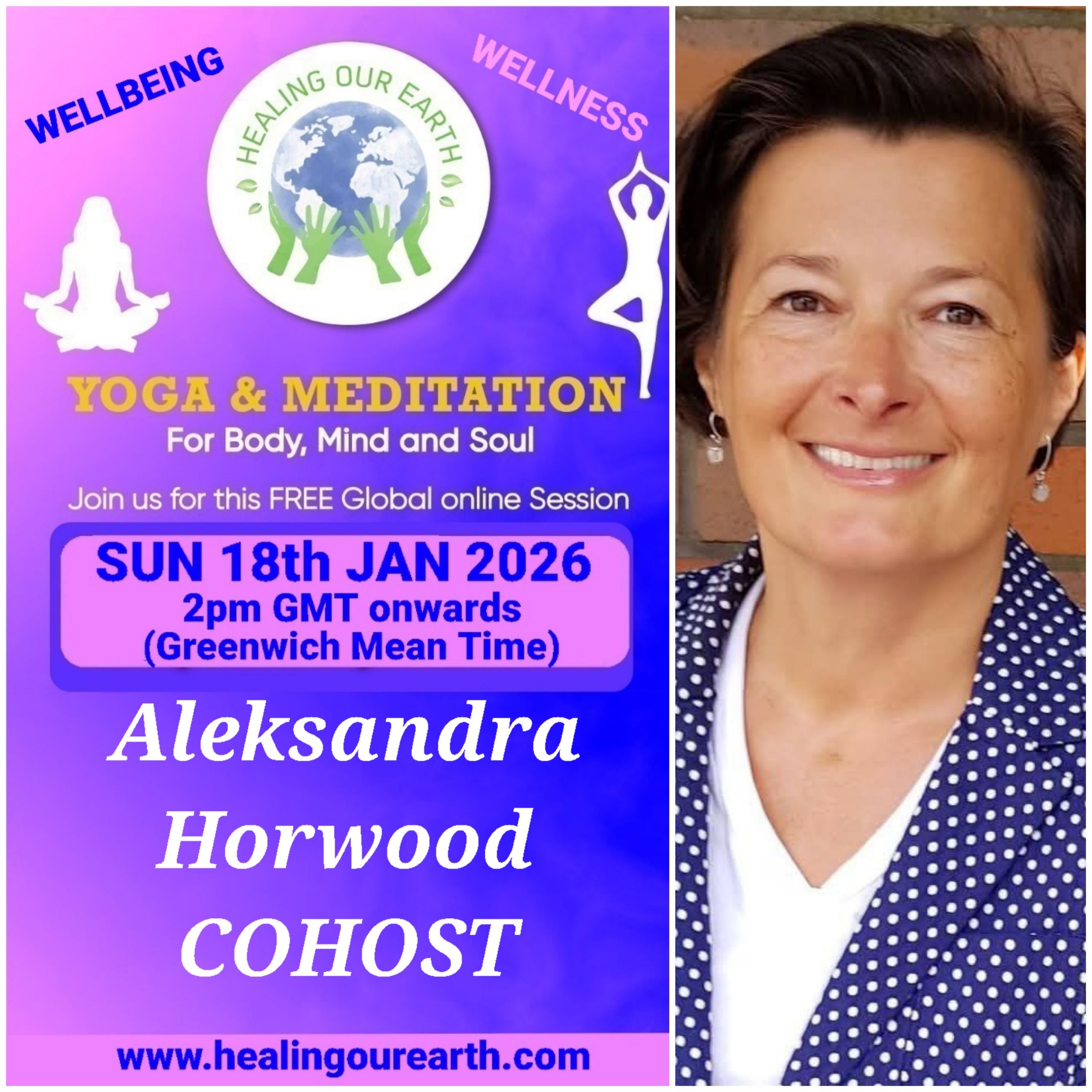 A collage of profiles for a yoga and meditation event, featuring 16 diverse individuals with their names, event roles, and session details like times and topics. Includes social media links, a healingourarth.net website, and event logos. The background is purple with yellow accents.