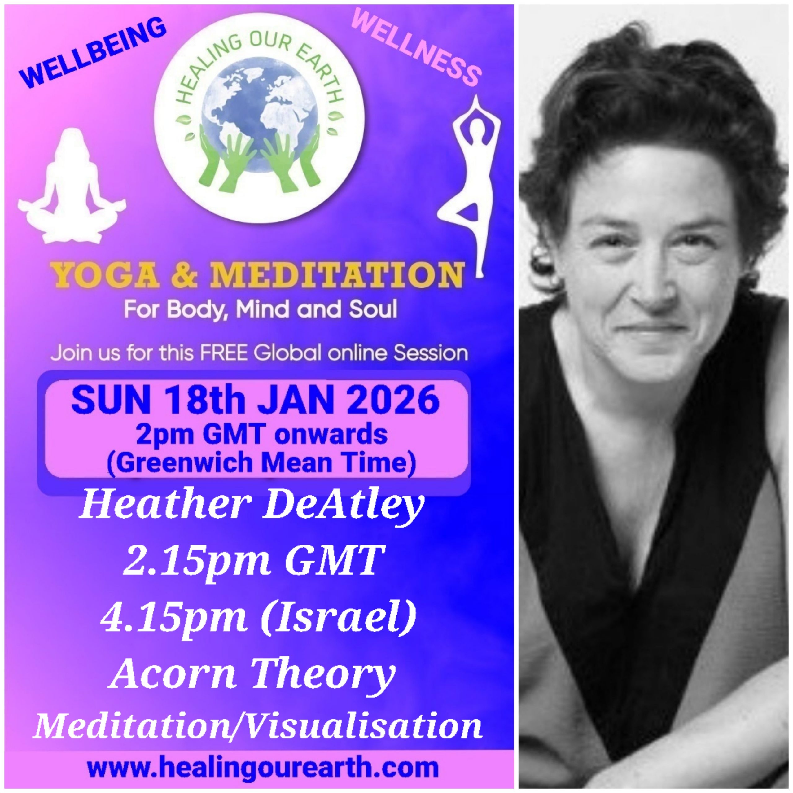 A collage of profiles for a yoga and meditation event, featuring 16 diverse individuals with their names, event roles, and session details like times and topics. Includes social media links, a healingourarth.net website, and event logos. The background is purple with yellow accents.