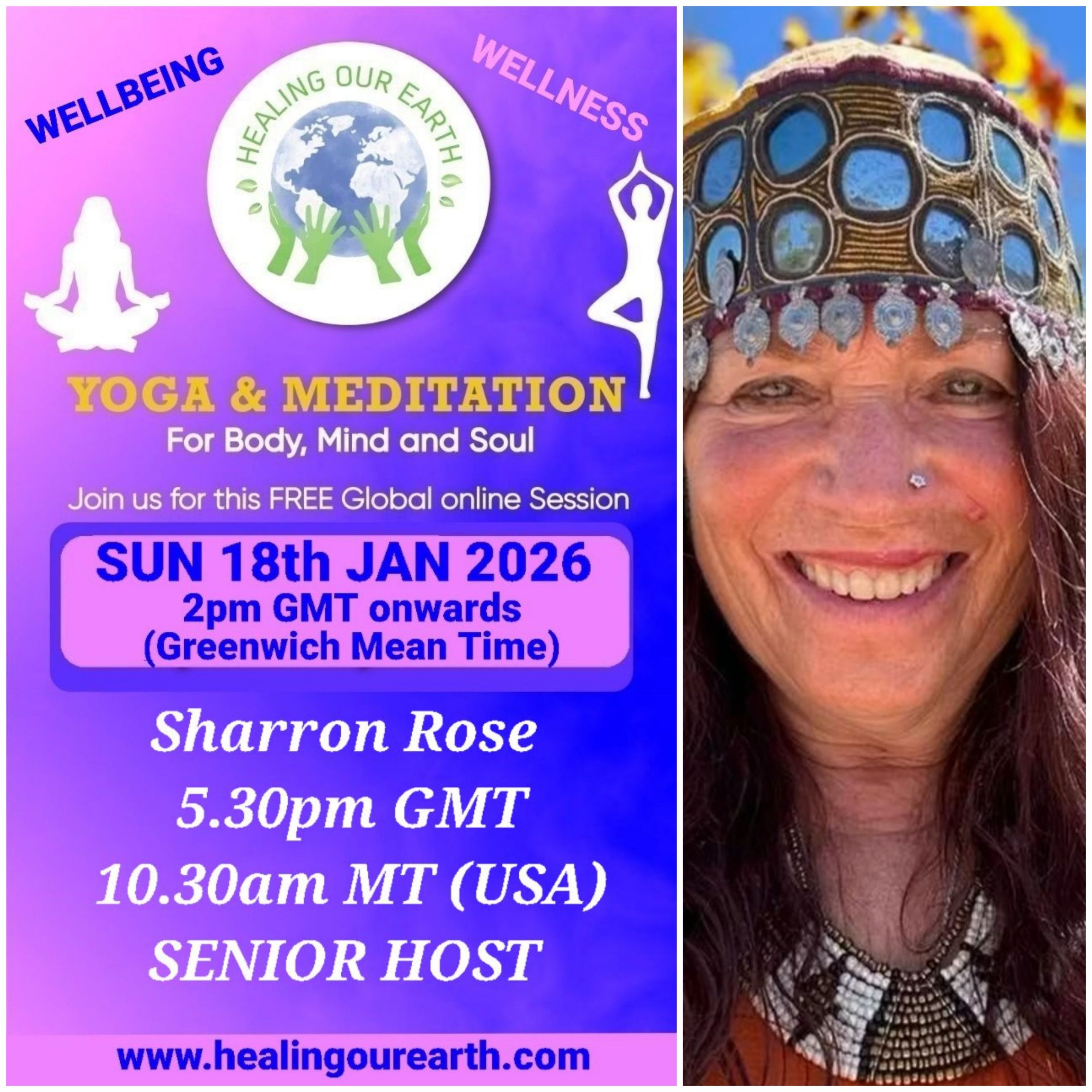 A collage of profiles for a yoga and meditation event, featuring 16 diverse individuals with their names, event roles, and session details like times and topics. Includes social media links, a healingourarth.net website, and event logos. The background is purple with yellow accents.