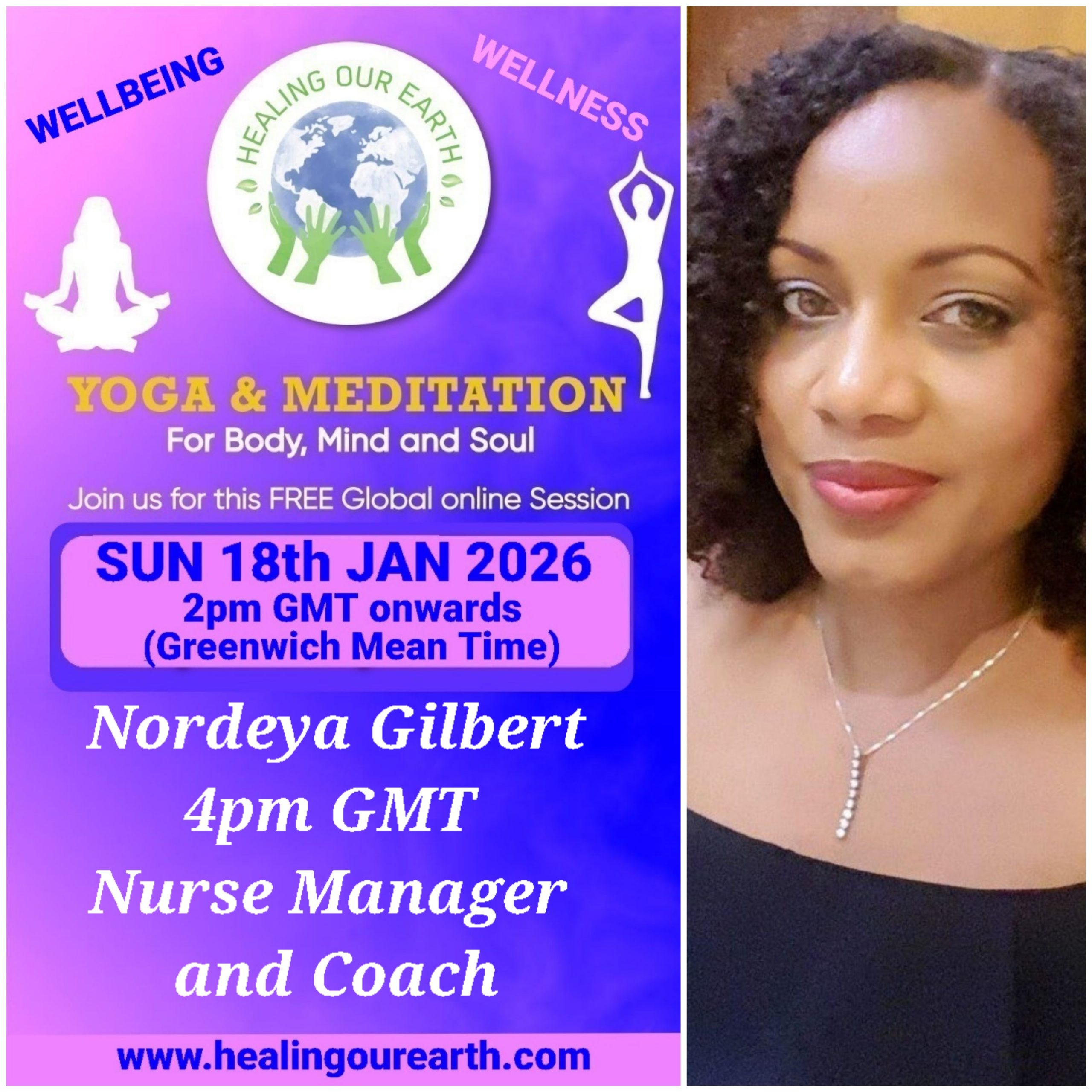 A collage of profiles for a yoga and meditation event, featuring 16 diverse individuals with their names, event roles, and session details like times and topics. Includes social media links, a healingourarth.net website, and event logos. The background is purple with yellow accents.