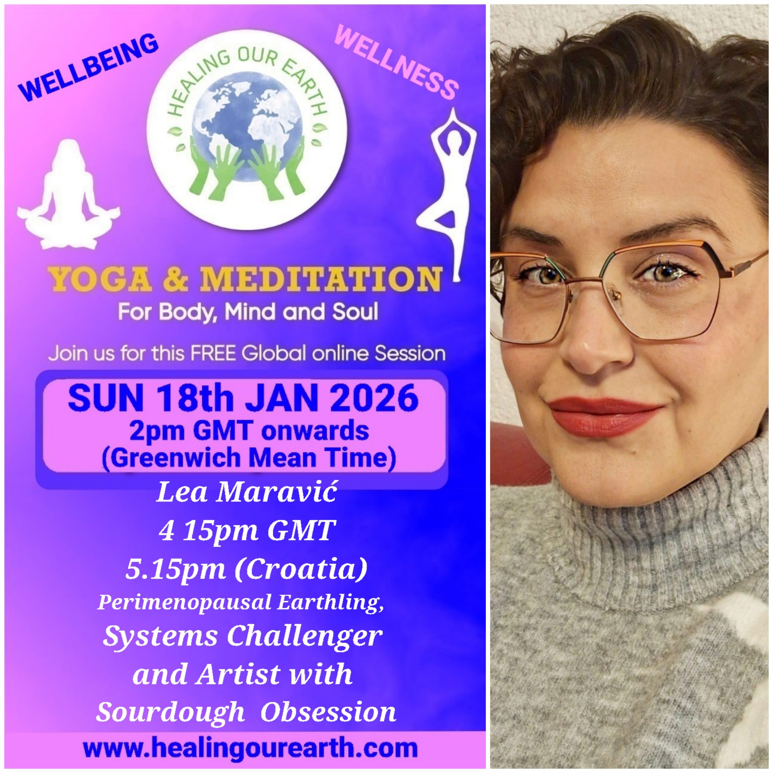 A collage of profiles for a yoga and meditation event, featuring 16 diverse individuals with their names, event roles, and session details like times and topics. Includes social media links, a healingourarth.net website, and event logos. The background is purple with yellow accents.
