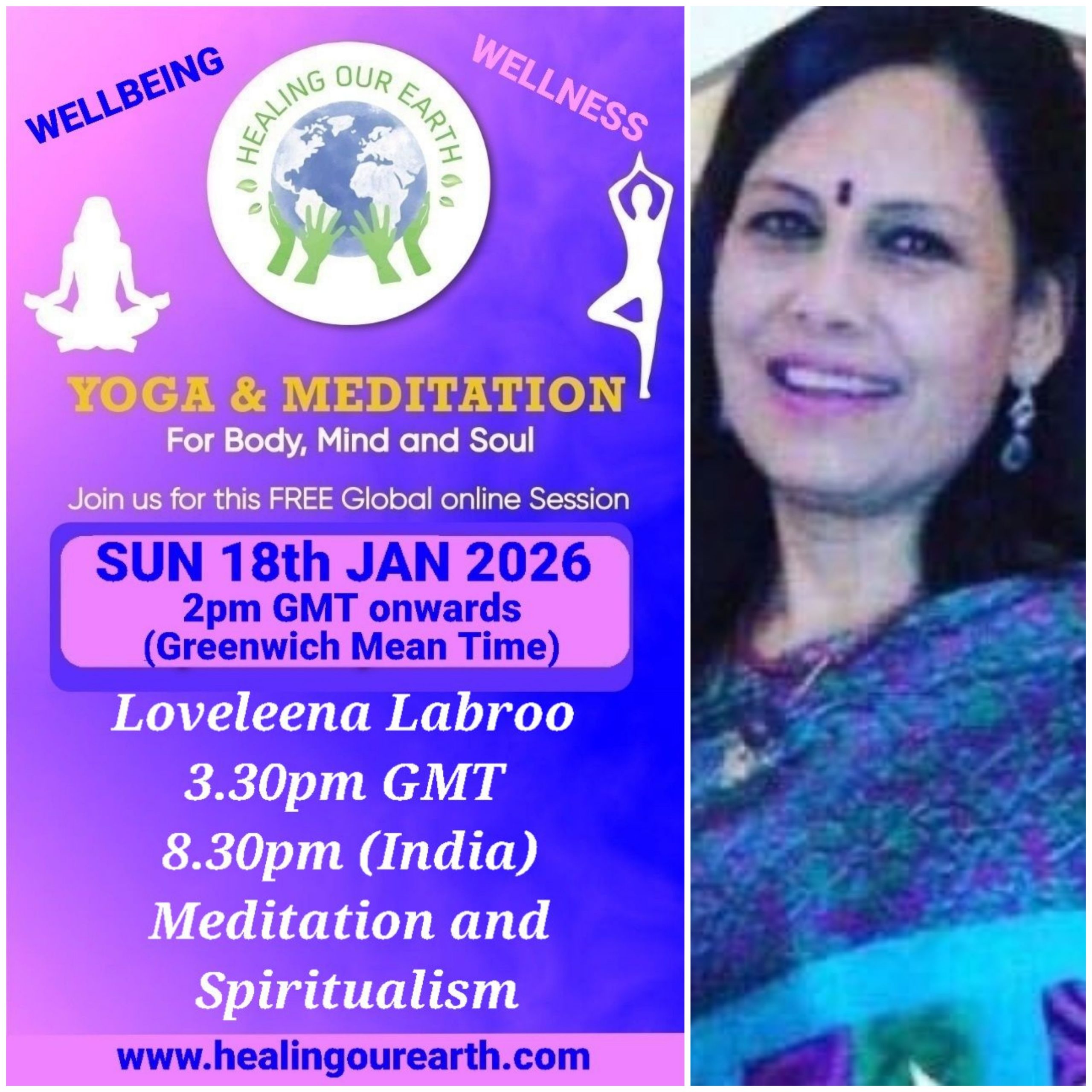 A collage of profiles for a yoga and meditation event, featuring 16 diverse individuals with their names, event roles, and session details like times and topics. Includes social media links, a healingourarth.net website, and event logos. The background is purple with yellow accents.