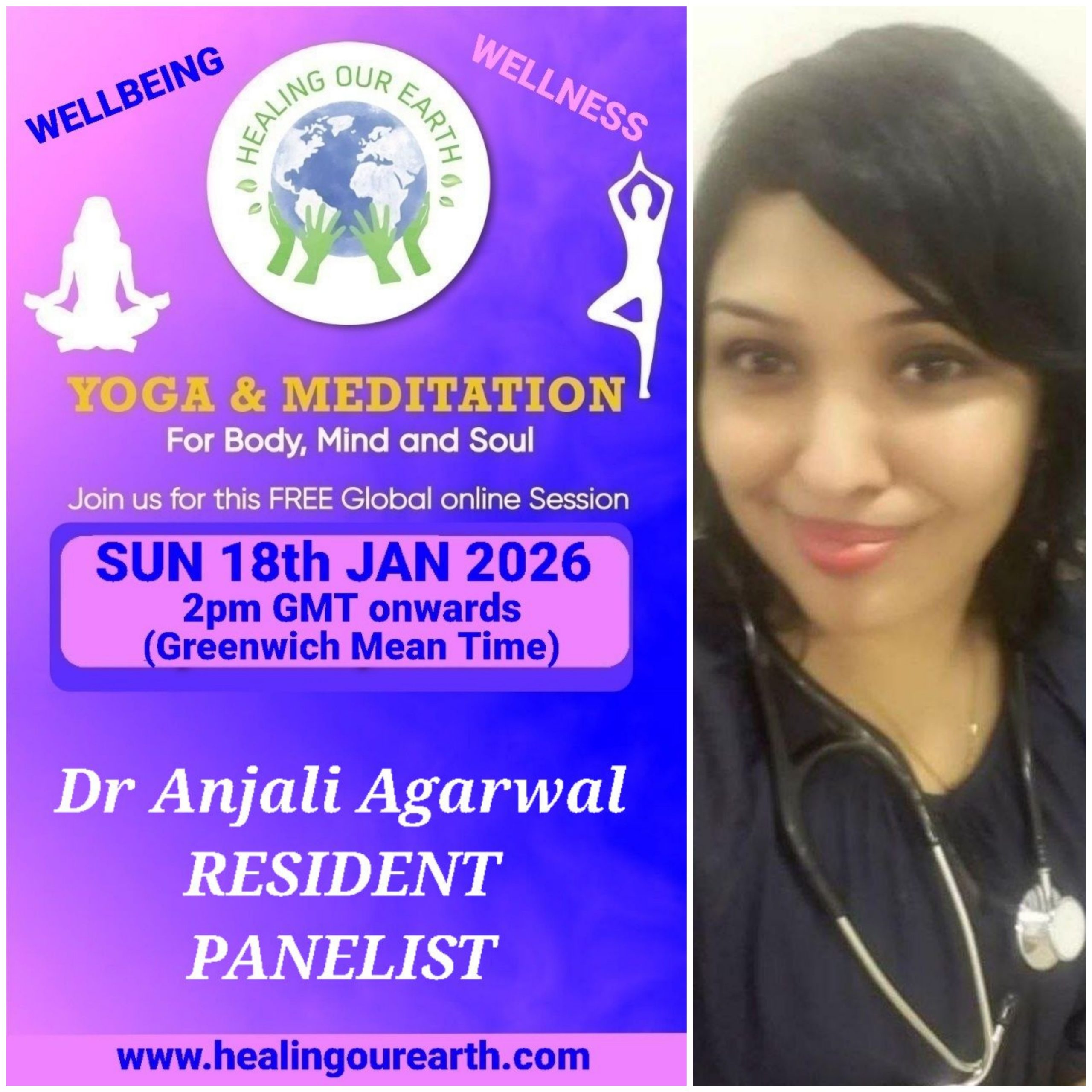 A collage of profiles for a yoga and meditation event, featuring 16 diverse individuals with their names, event roles, and session details like times and topics. Includes social media links, a healingourarth.net website, and event logos. The background is purple with yellow accents.