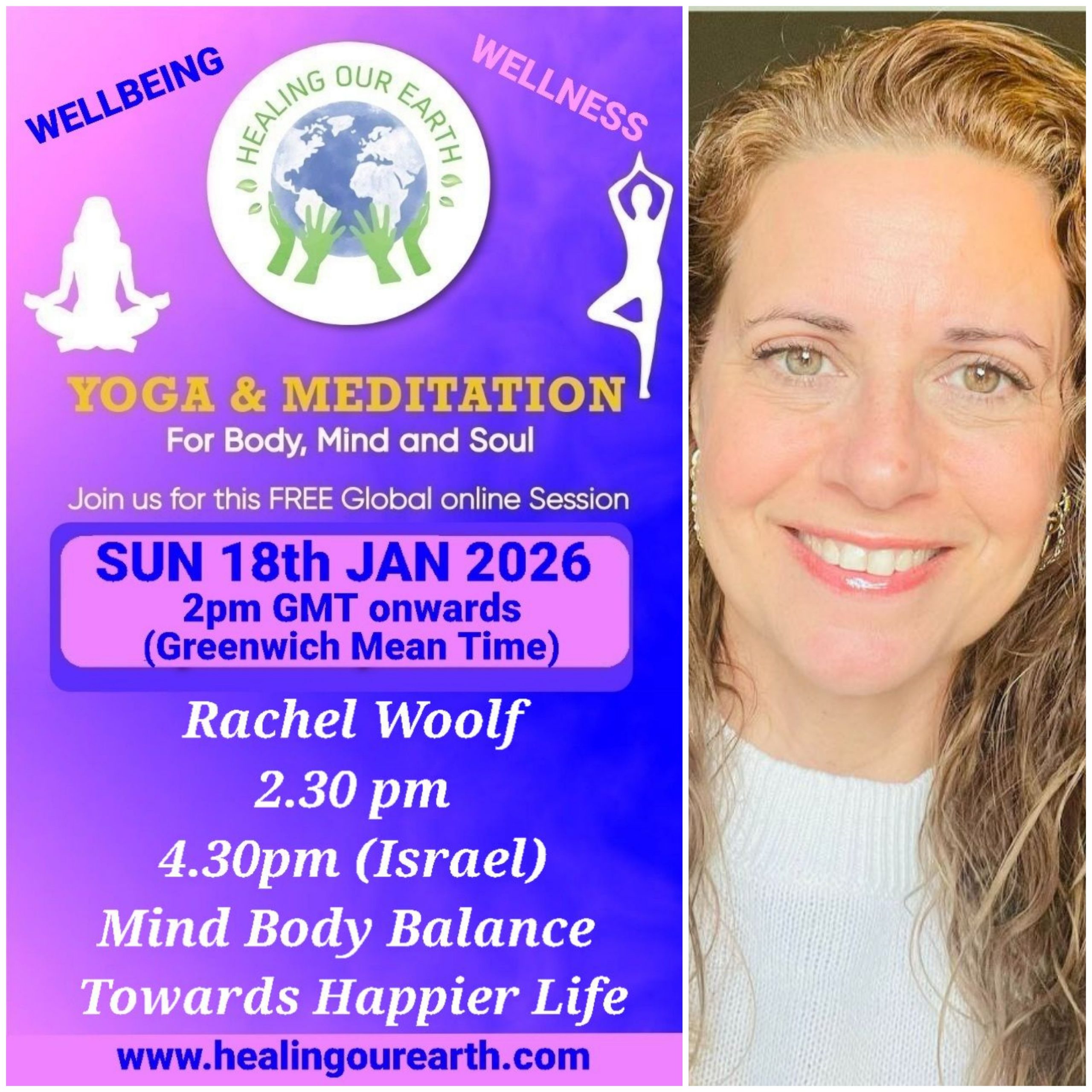 A collage of profiles for a yoga and meditation event, featuring 16 diverse individuals with their names, event roles, and session details like times and topics. Includes social media links, a healingourarth.net website, and event logos. The background is purple with yellow accents.