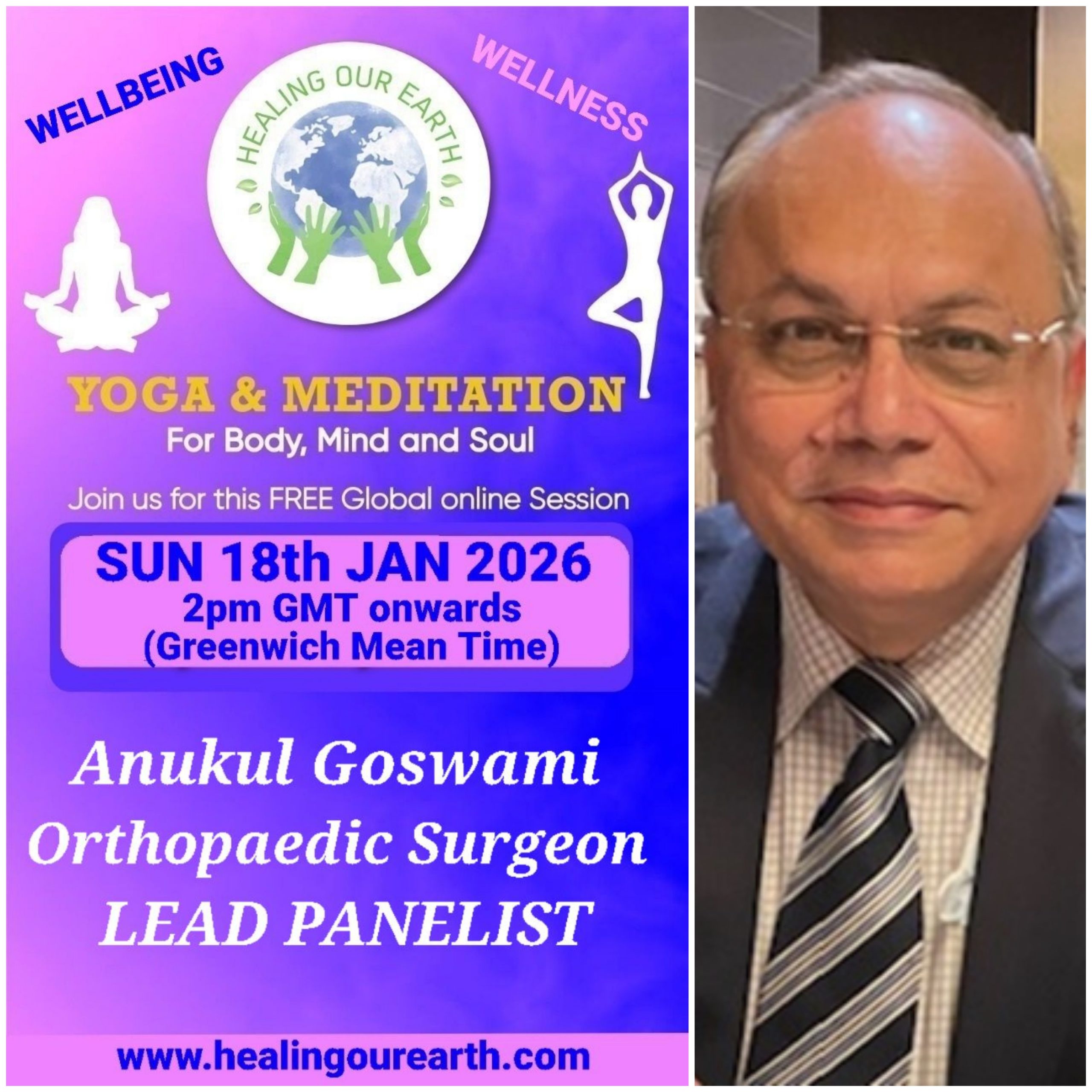 A collage of profiles for a yoga and meditation event, featuring 16 diverse individuals with their names, event roles, and session details like times and topics. Includes social media links, a healingourarth.net website, and event logos. The background is purple with yellow accents.