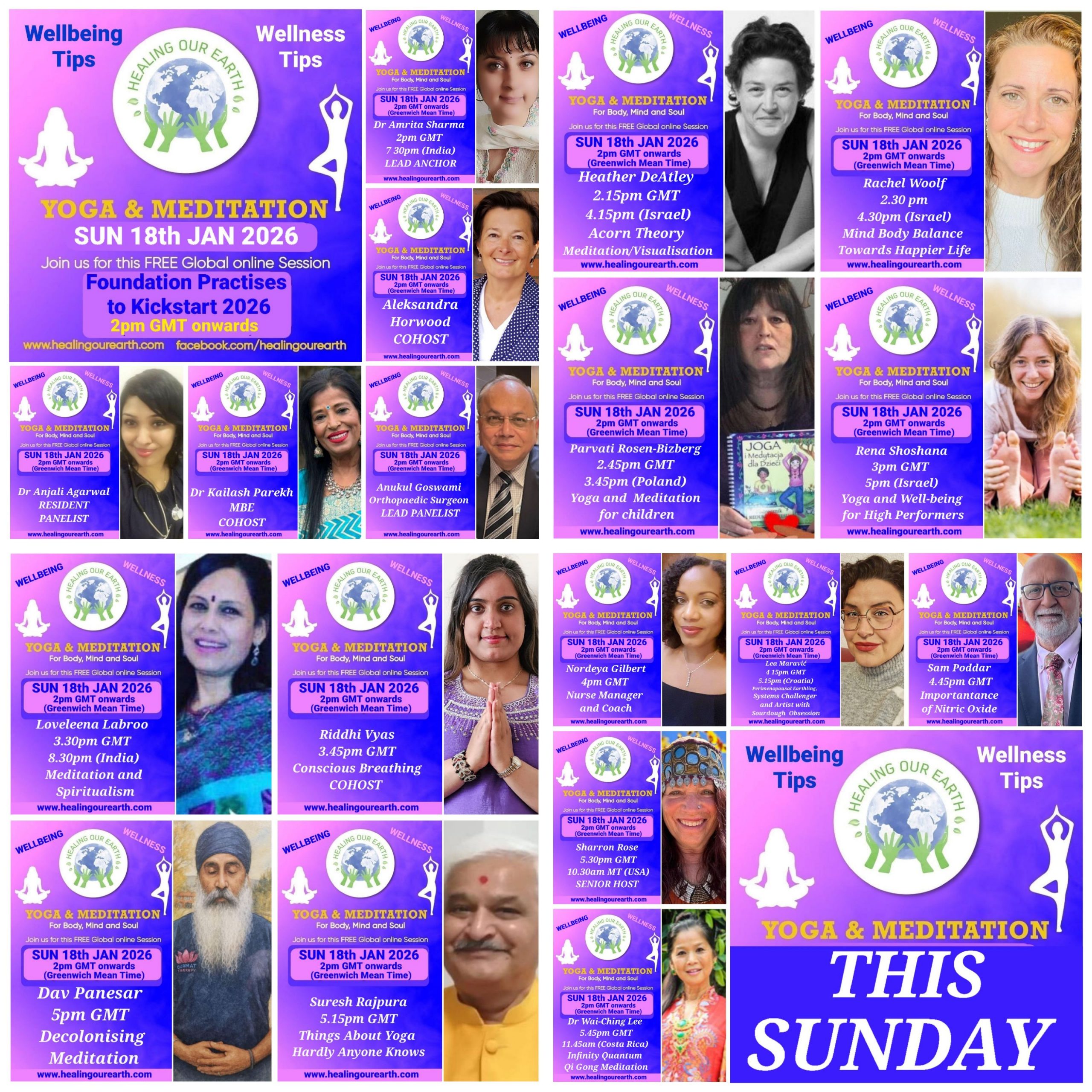 A collage of profiles for a yoga and meditation event, featuring 16 diverse individuals with their names, event roles, and session details like times and topics. Includes social media links, a healingourarth.net website, and event logos. The background is purple with yellow accents.