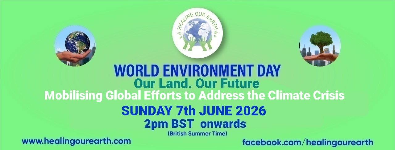 Banner for International Yoga Day Special with a figure in a yoga pose on the left and a meditating silhouette on the right. Event details in bright text: "Sunday 22nd June 2025, 2pm BST onwards." Includes the "Healing Our Earth" logo and website links for more information.