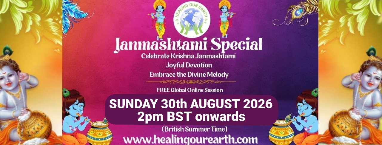 Banner for International Yoga Day Special with a figure in a yoga pose on the left and a meditating silhouette on the right. Event details in bright text: "Sunday 22nd June 2025, 2pm BST onwards." Includes the "Healing Our Earth" logo and website links for more information.