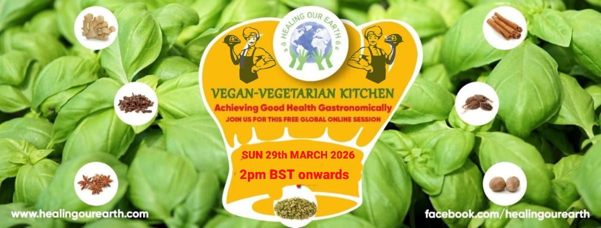 Banner for International Yoga Day Special with a figure in a yoga pose on the left and a meditating silhouette on the right. Event details in bright text: "Sunday 22nd June 2025, 2pm BST onwards." Includes the "Healing Our Earth" logo and website links for more information.