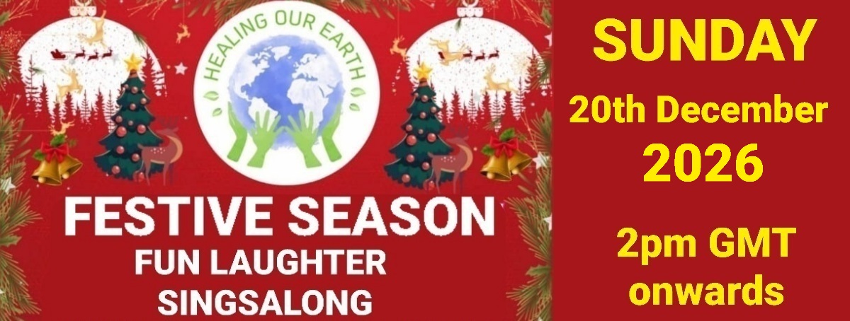 Banner for International Yoga Day Special with a figure in a yoga pose on the left and a meditating silhouette on the right. Event details in bright text: "Sunday 22nd June 2025, 2pm BST onwards." Includes the "Healing Our Earth" logo and website links for more information.