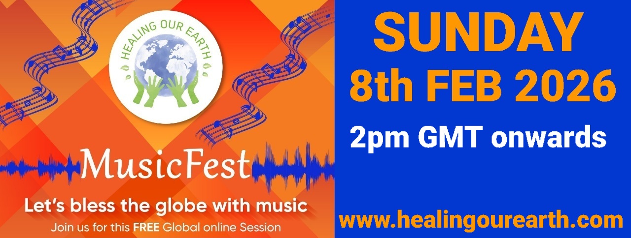 Banner for International Yoga Day Special with a figure in a yoga pose on the left and a meditating silhouette on the right. Event details in bright text: "Sunday 22nd June 2025, 2pm BST onwards." Includes the "Healing Our Earth" logo and website links for more information.