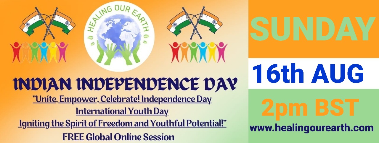 Banner for International Yoga Day Special with a figure in a yoga pose on the left and a meditating silhouette on the right. Event details in bright text: "Sunday 22nd June 2025, 2pm BST onwards." Includes the "Healing Our Earth" logo and website links for more information.