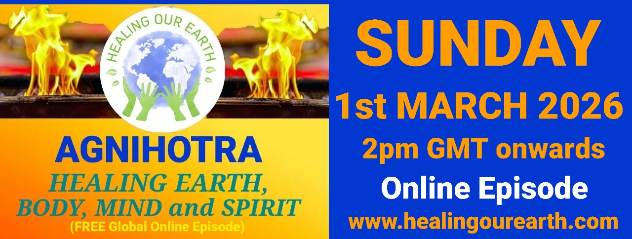 Banner for International Yoga Day Special with a figure in a yoga pose on the left and a meditating silhouette on the right. Event details in bright text: "Sunday 22nd June 2025, 2pm BST onwards." Includes the "Healing Our Earth" logo and website links for more information.