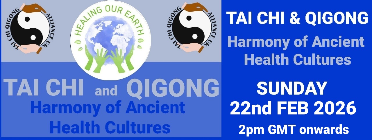 Banner for International Yoga Day Special with a figure in a yoga pose on the left and a meditating silhouette on the right. Event details in bright text: "Sunday 22nd June 2025, 2pm BST onwards." Includes the "Healing Our Earth" logo and website links for more information.
