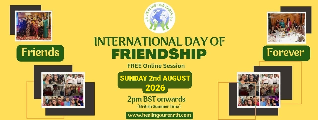 Banner for International Yoga Day Special with a figure in a yoga pose on the left and a meditating silhouette on the right. Event details in bright text: "Sunday 22nd June 2025, 2pm BST onwards." Includes the "Healing Our Earth" logo and website links for more information.