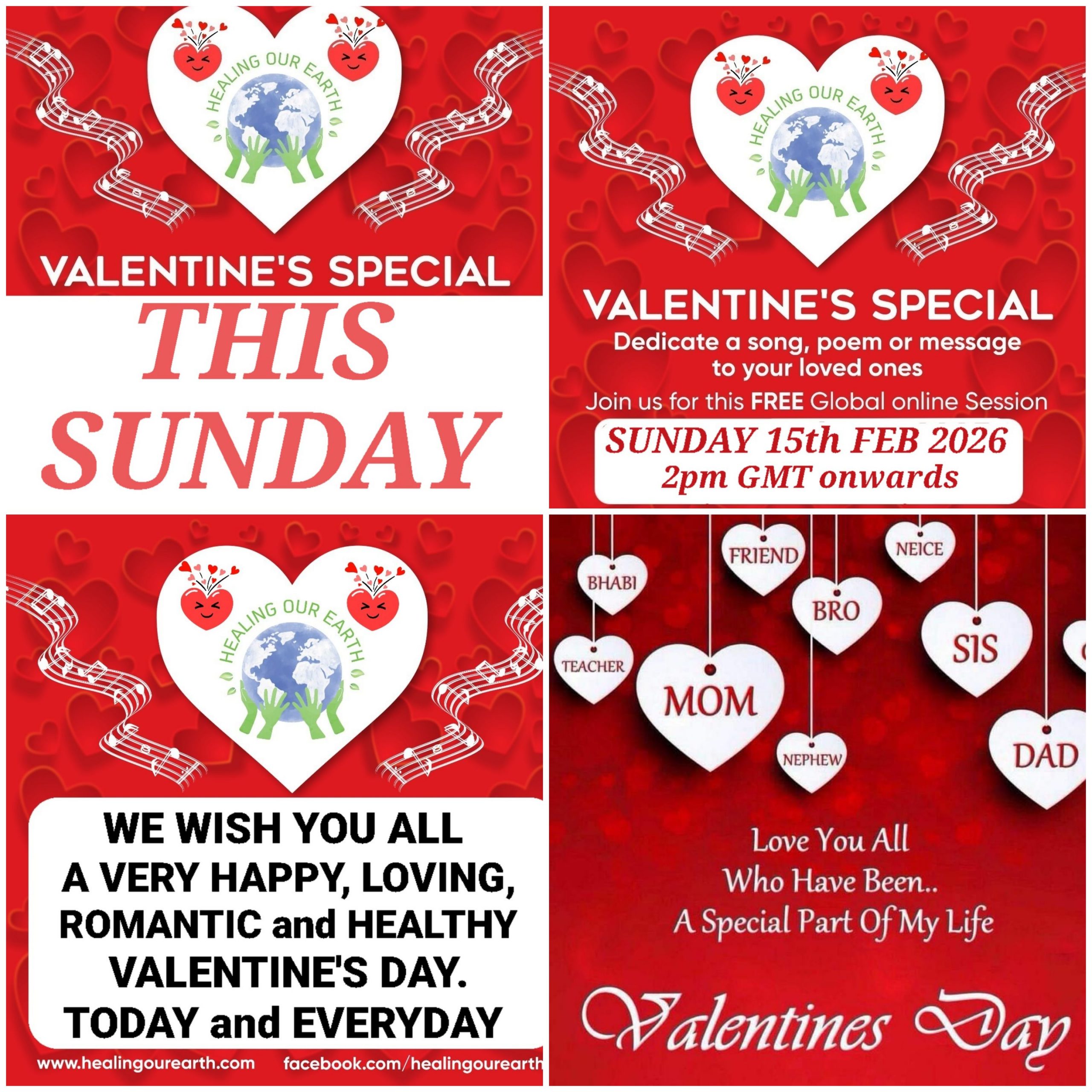 The image is a promotional flyer for a Valentine's Day event by Healing Our Earth, featuring a woman's photo on the right. It details a free online session on 16th Feb 2025 at 2pm GMT, with Dr. Amrita Sharma as the senior anchor. The website and social media links are included.