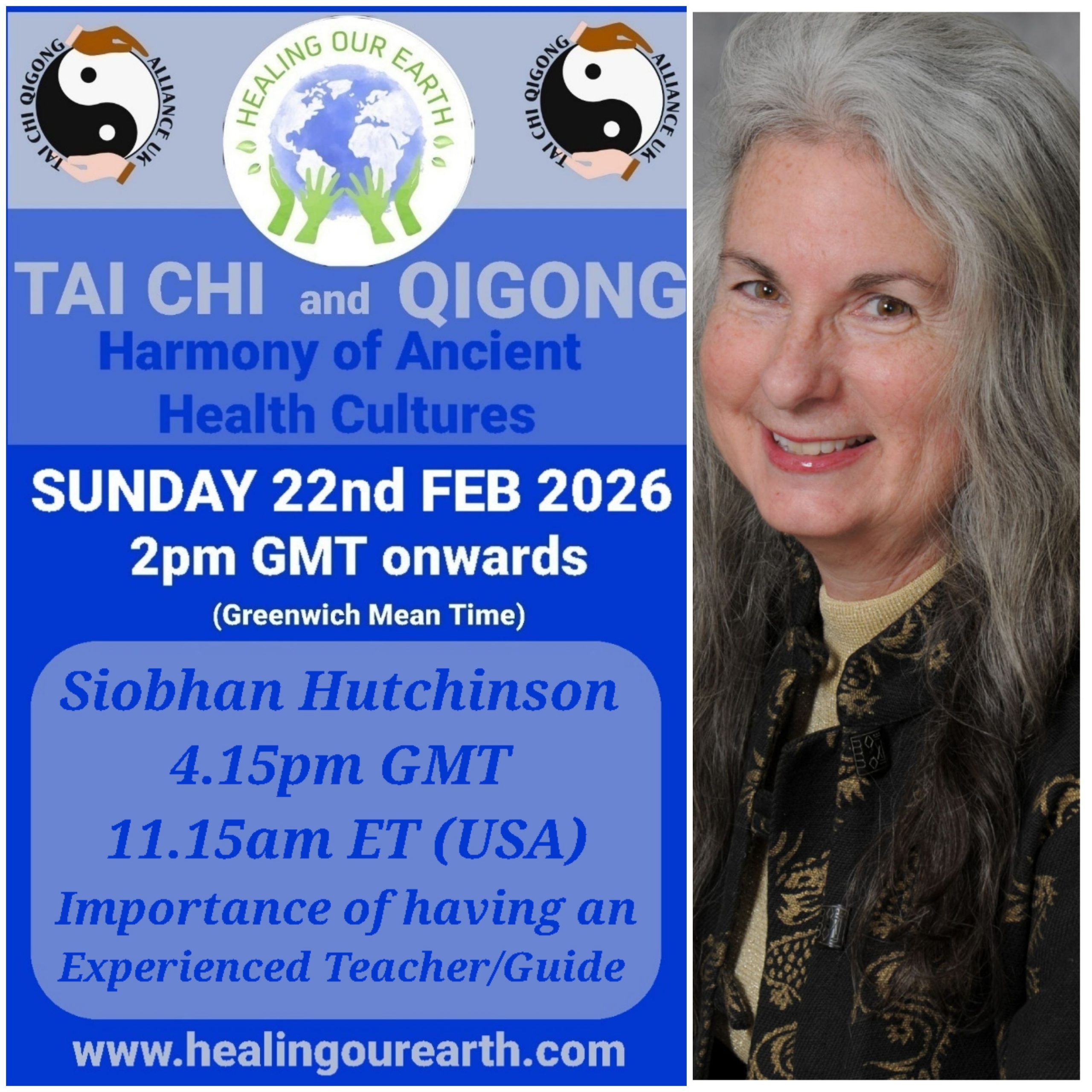 Promotional poster for a Tai Chi and Qigong event on February 23, 2025, at 2 PM GMT. Includes logos and a man's photo on the right. Text highlights Keith Sharp as the episode producer. Website link: www.healingourearth.com. Background has floral wallpaper and a window curtain.