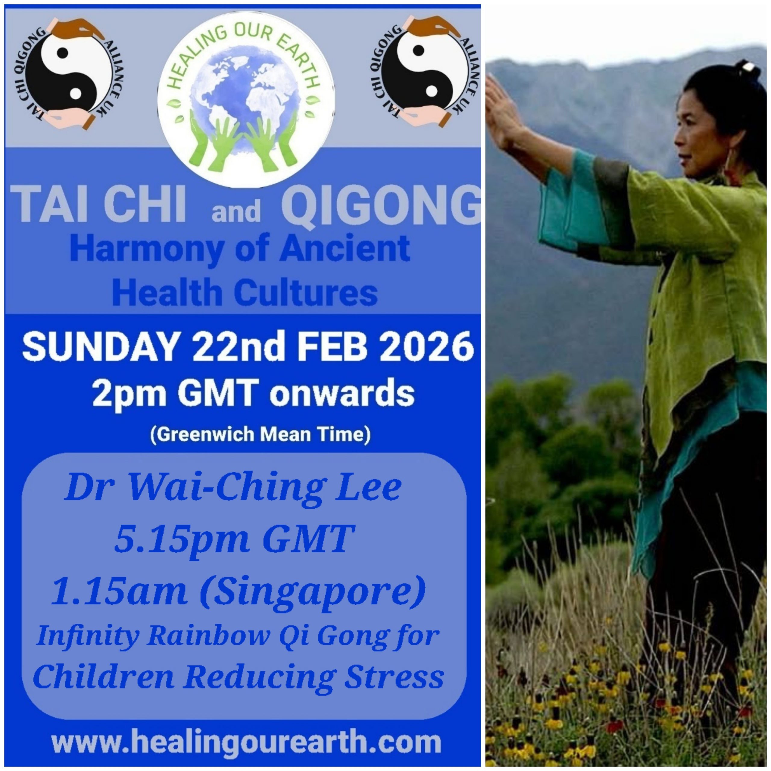 Promotional poster for a Tai Chi and Qigong event on February 23, 2025, at 2 PM GMT. Includes logos and a man's photo on the right. Text highlights Keith Sharp as the episode producer. Website link: www.healingourearth.com. Background has floral wallpaper and a window curtain.