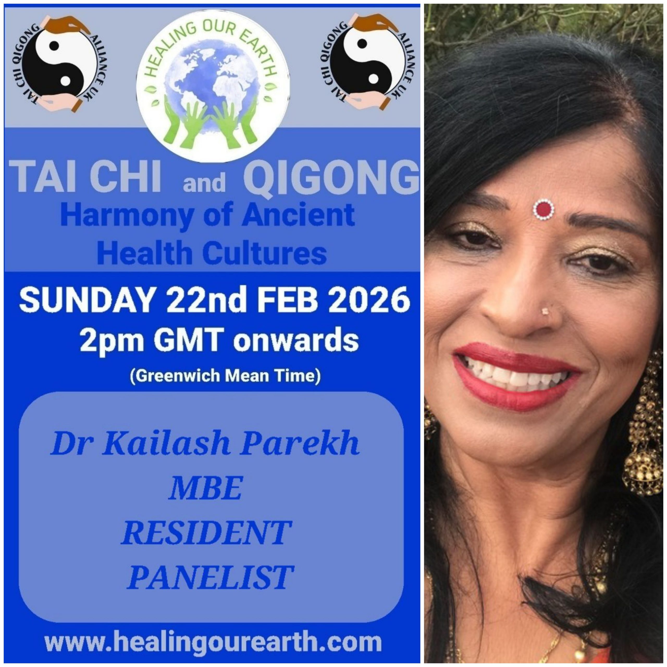 Promotional poster for a Tai Chi and Qigong event on February 23, 2025, at 2 PM GMT. Includes logos and a man's photo on the right. Text highlights Keith Sharp as the episode producer. Website link: www.healingourearth.com. Background has floral wallpaper and a window curtain.