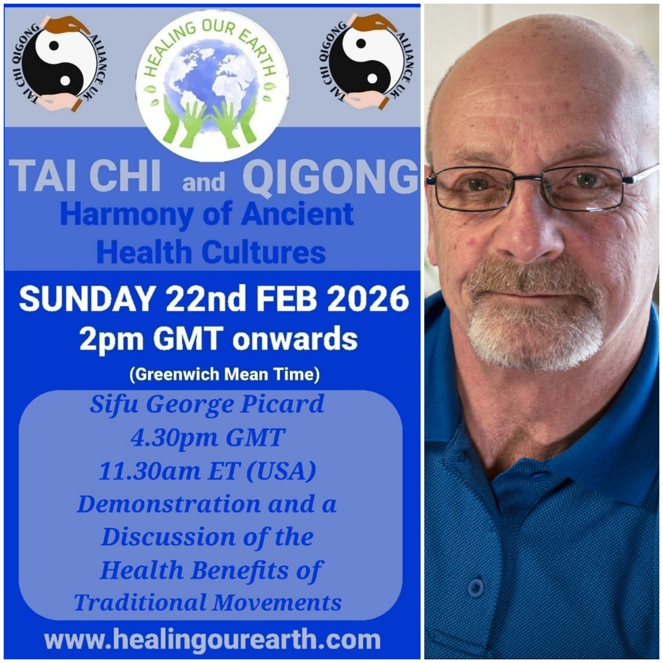 Promotional poster for a Tai Chi and Qigong event on February 23, 2025, at 2 PM GMT. Includes logos and a man's photo on the right. Text highlights Keith Sharp as the episode producer. Website link: www.healingourearth.com. Background has floral wallpaper and a window curtain.