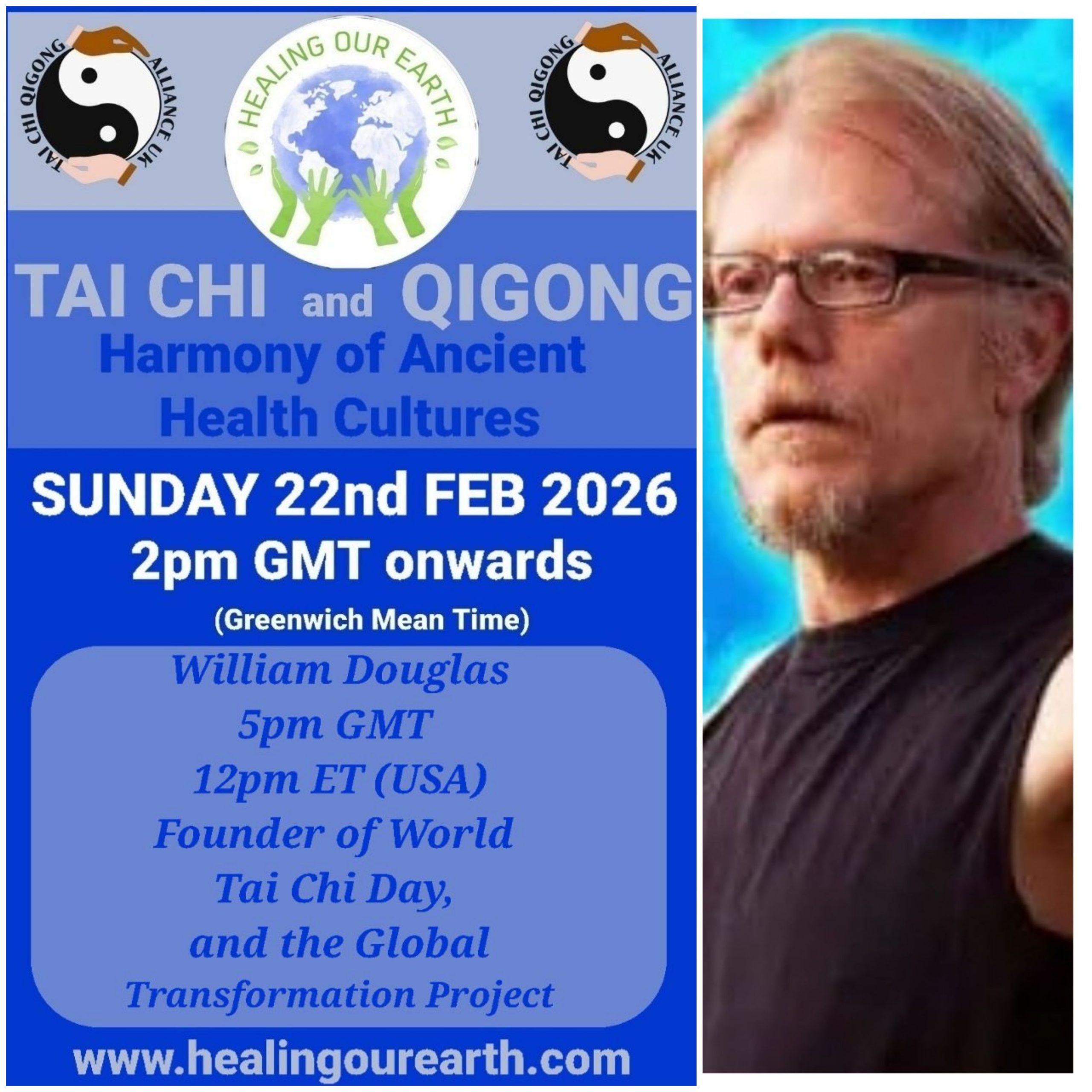 Promotional poster for a Tai Chi and Qigong event on February 23, 2025, at 2 PM GMT. Includes logos and a man's photo on the right. Text highlights Keith Sharp as the episode producer. Website link: www.healingourearth.com. Background has floral wallpaper and a window curtain.