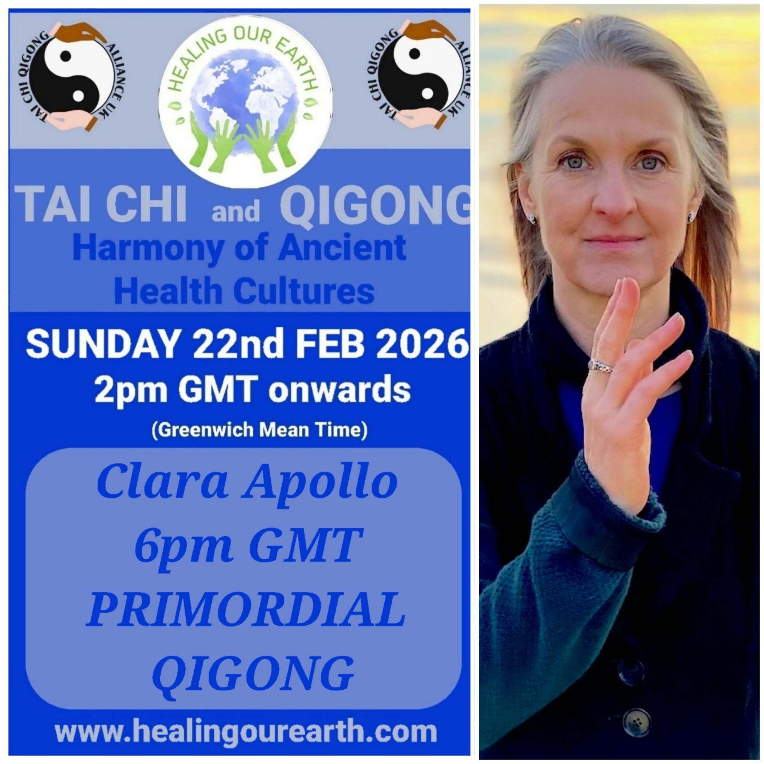 Promotional poster for a Tai Chi and Qigong event on February 23, 2025, at 2 PM GMT. Includes logos and a man's photo on the right. Text highlights Keith Sharp as the episode producer. Website link: www.healingourearth.com. Background has floral wallpaper and a window curtain.