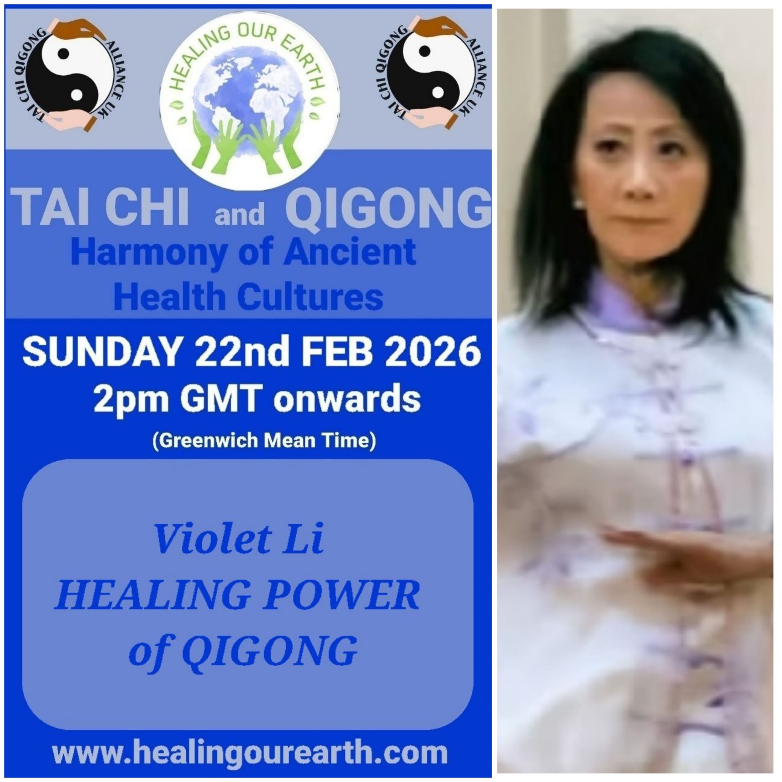 Promotional poster for a Tai Chi and Qigong event on February 23, 2025, at 2 PM GMT. Includes logos and a man's photo on the right. Text highlights Keith Sharp as the episode producer. Website link: www.healingourearth.com. Background has floral wallpaper and a window curtain.