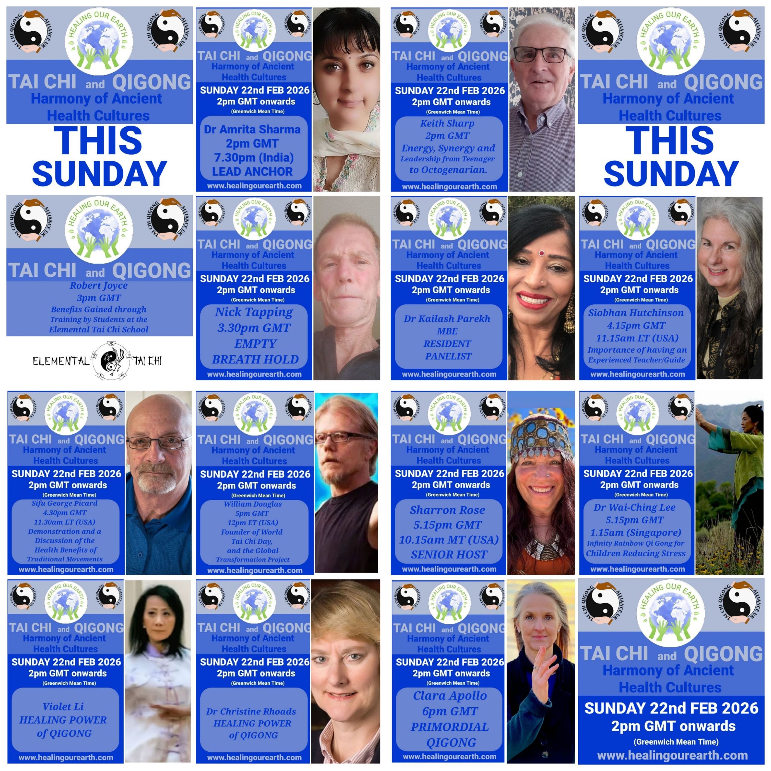 Promotional poster for a Tai Chi and Qigong event on February 23, 2025, at 2 PM GMT. Includes logos and a man's photo on the right. Text highlights Keith Sharp as the episode producer. Website link: www.healingourearth.com. Background has floral wallpaper and a window curtain.