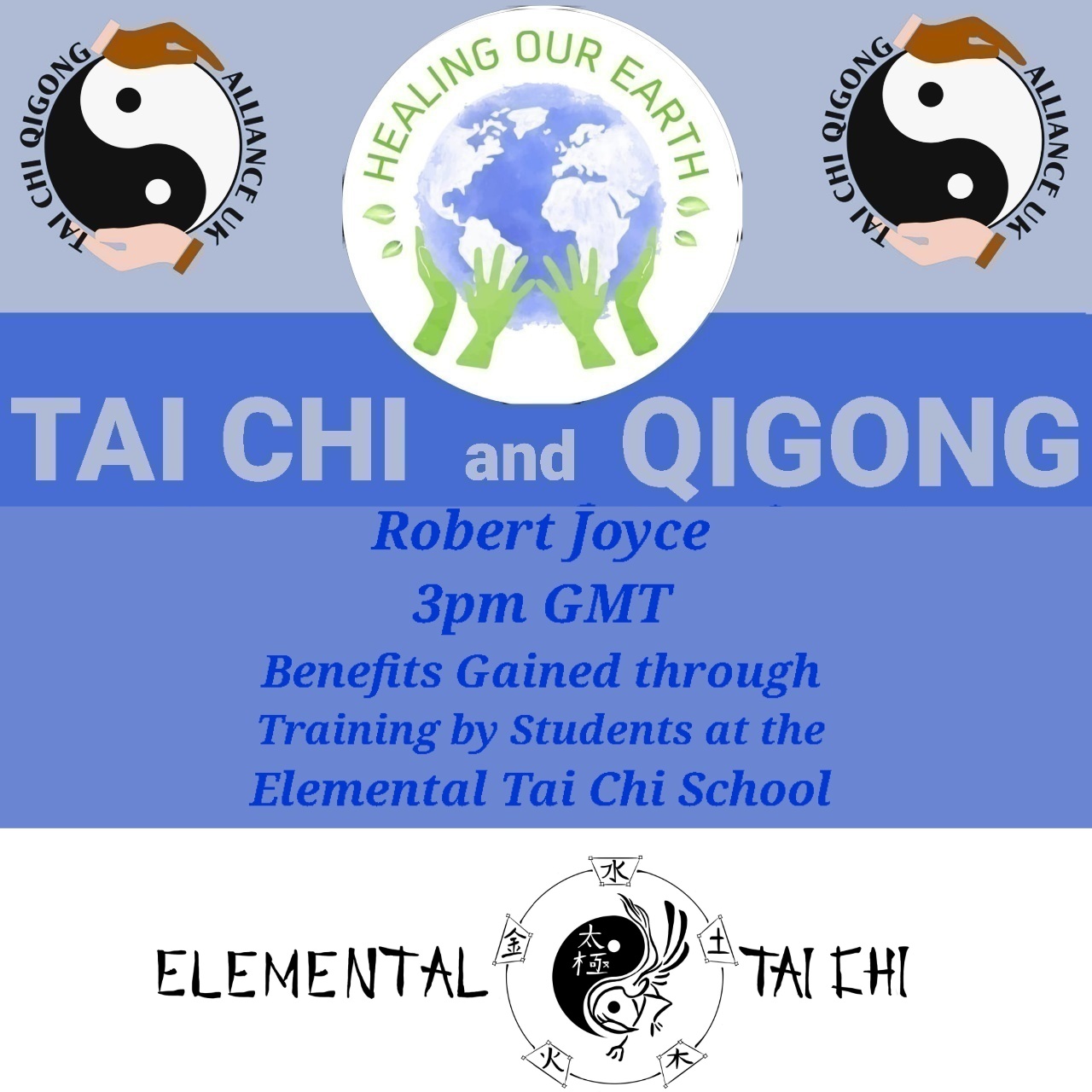 Promotional poster for a Tai Chi and Qigong event on February 23, 2025, at 2 PM GMT. Includes logos and a man's photo on the right. Text highlights Keith Sharp as the episode producer. Website link: www.healingourearth.com. Background has floral wallpaper and a window curtain.