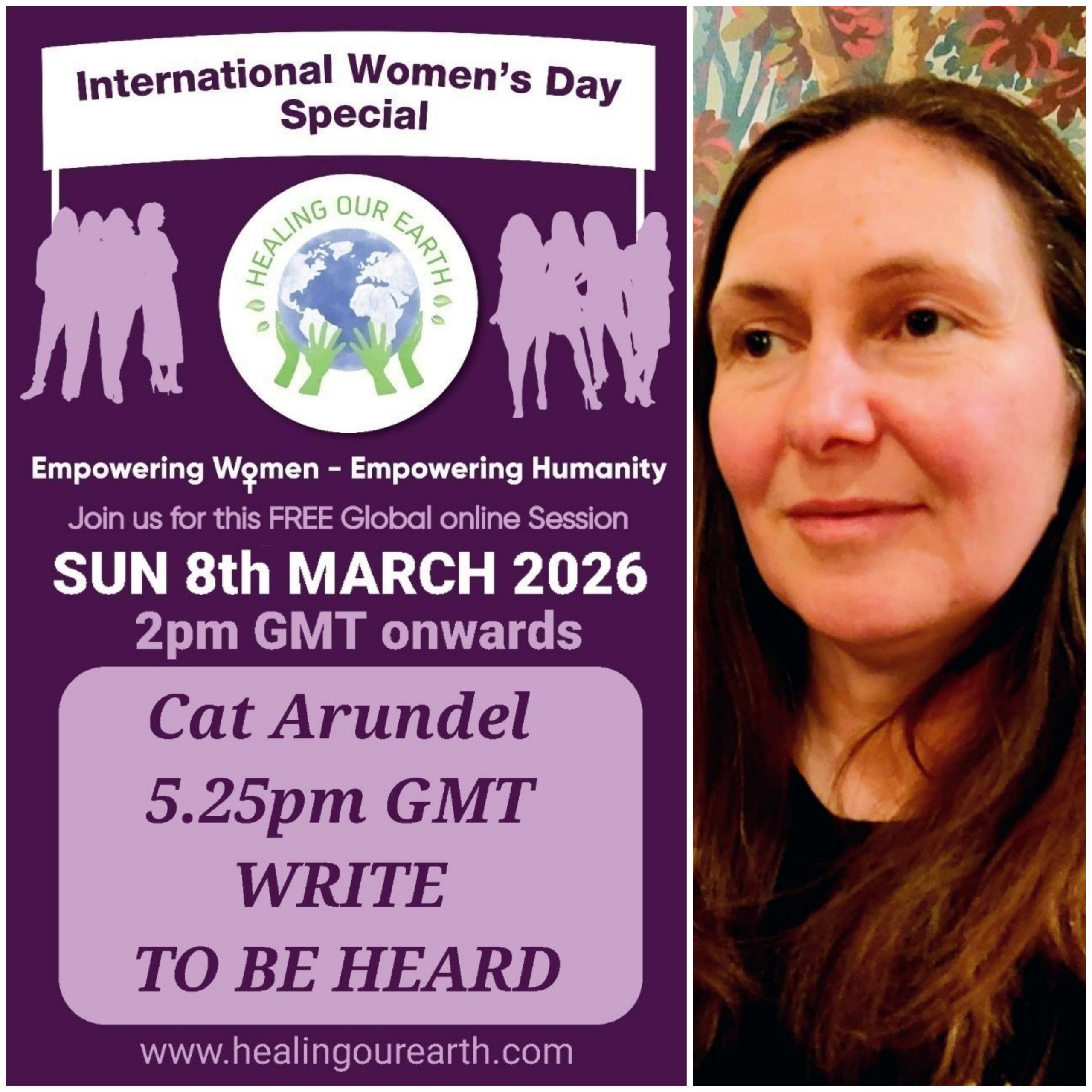 Flyer for International Women's Day Special by Healing Our Earth. It features a portrait of a smiling woman with gray hair on the right. The event, highlighting Timmy Cruz, is scheduled for 9th March 2025 at 2 PM GMT and 10 PM in the Philippines. Visit www.healingourearth.com.