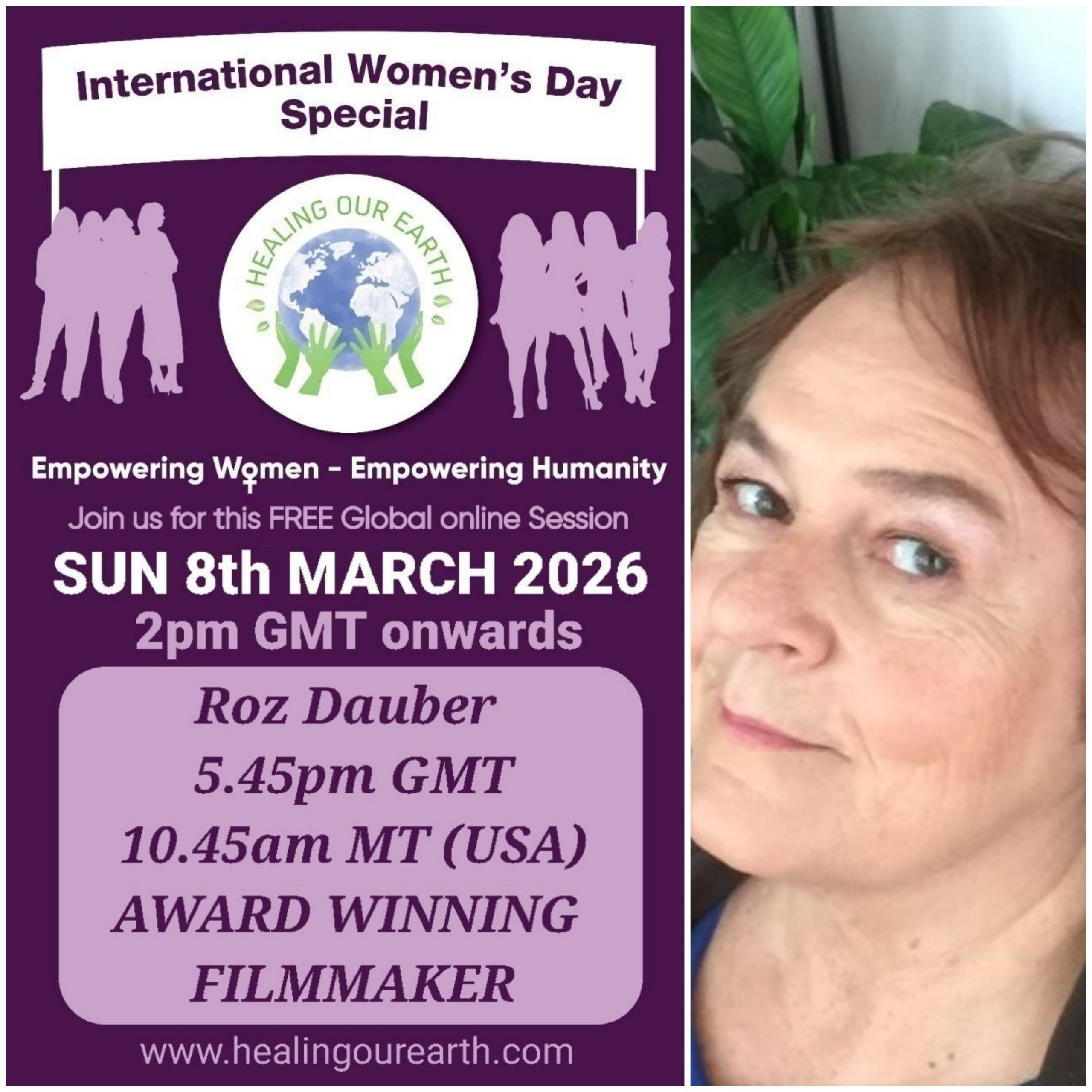 Flyer for International Women's Day Special by Healing Our Earth. It features a portrait of a smiling woman with gray hair on the right. The event, highlighting Timmy Cruz, is scheduled for 9th March 2025 at 2 PM GMT and 10 PM in the Philippines. Visit www.healingourearth.com.