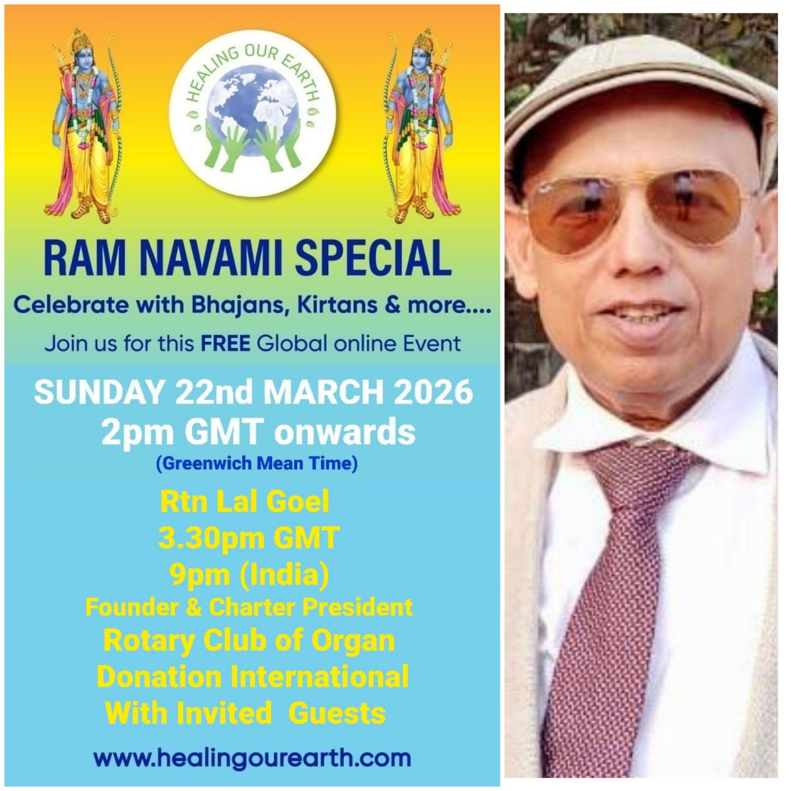 Colorful Ram Navami event poster with two images of a blue-skinned deity, promotional text, and event details. Central graphic features a planet held by hands. Event is on Sunday, 6th April 2025 at 2 PM BST. Website and Facebook link for more info.