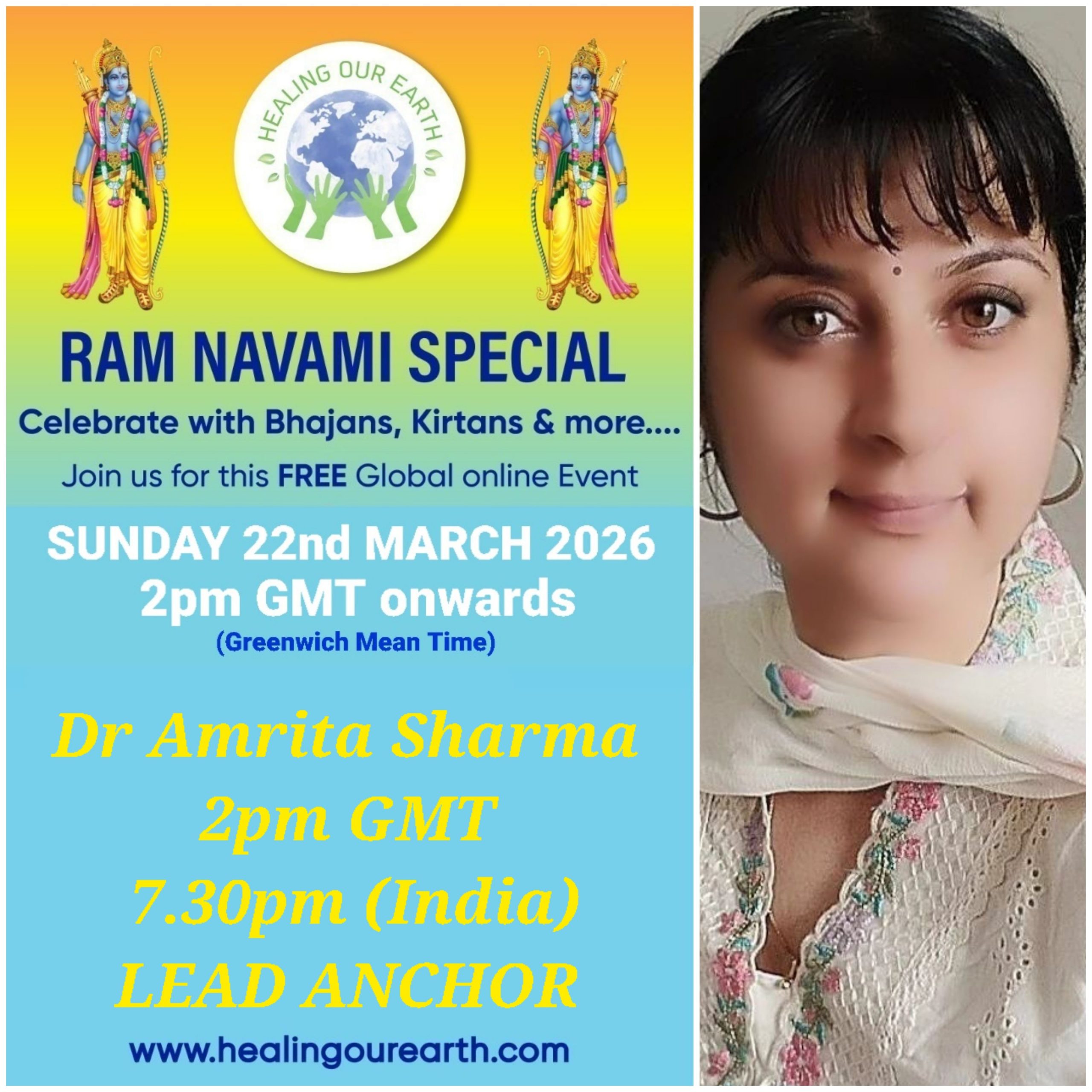 Colorful Ram Navami event poster with two images of a blue-skinned deity, promotional text, and event details. Central graphic features a planet held by hands. Event is on Sunday, 6th April 2025 at 2 PM BST. Website and Facebook link for more info.