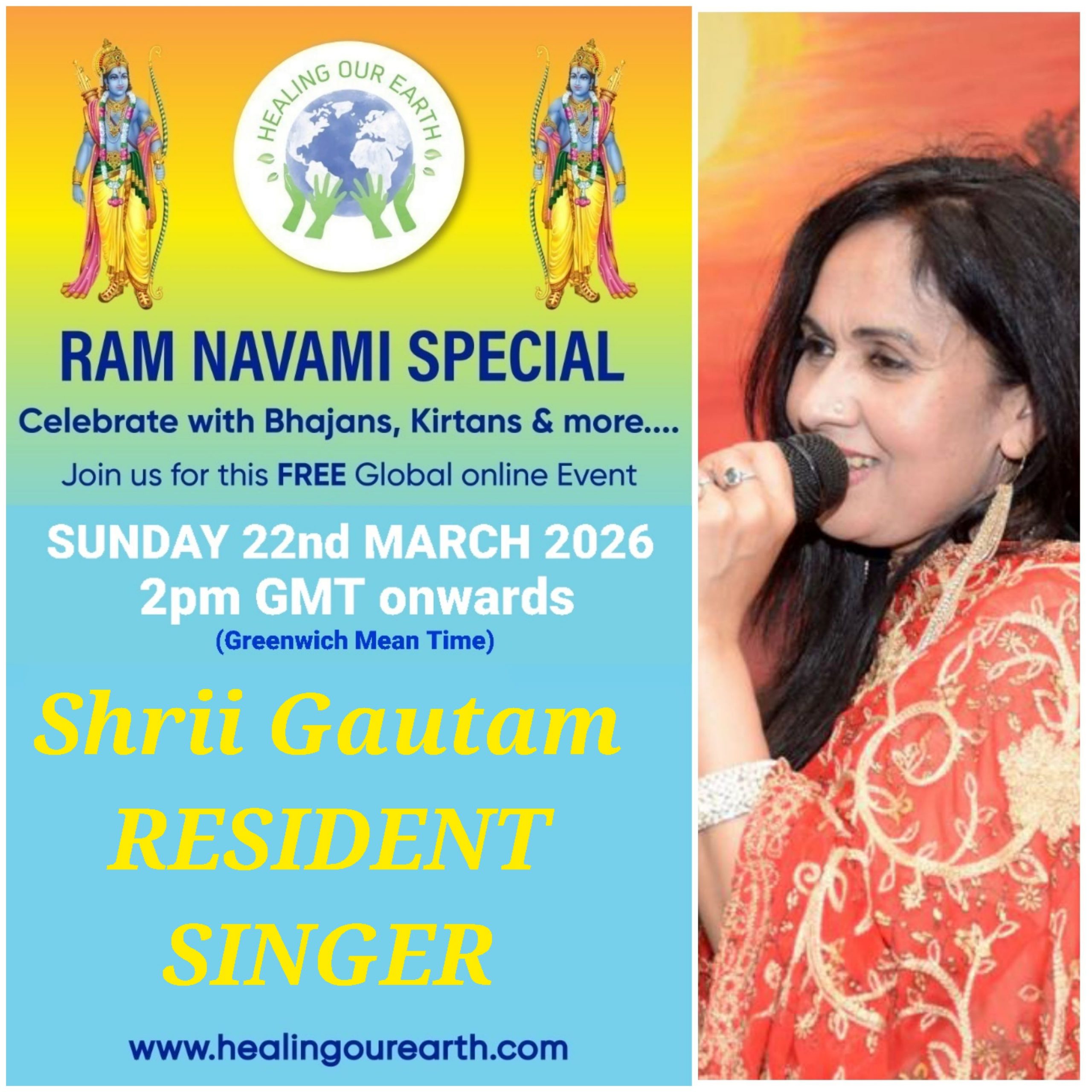 Colorful Ram Navami event poster with two images of a blue-skinned deity, promotional text, and event details. Central graphic features a planet held by hands. Event is on Sunday, 6th April 2025 at 2 PM BST. Website and Facebook link for more info.