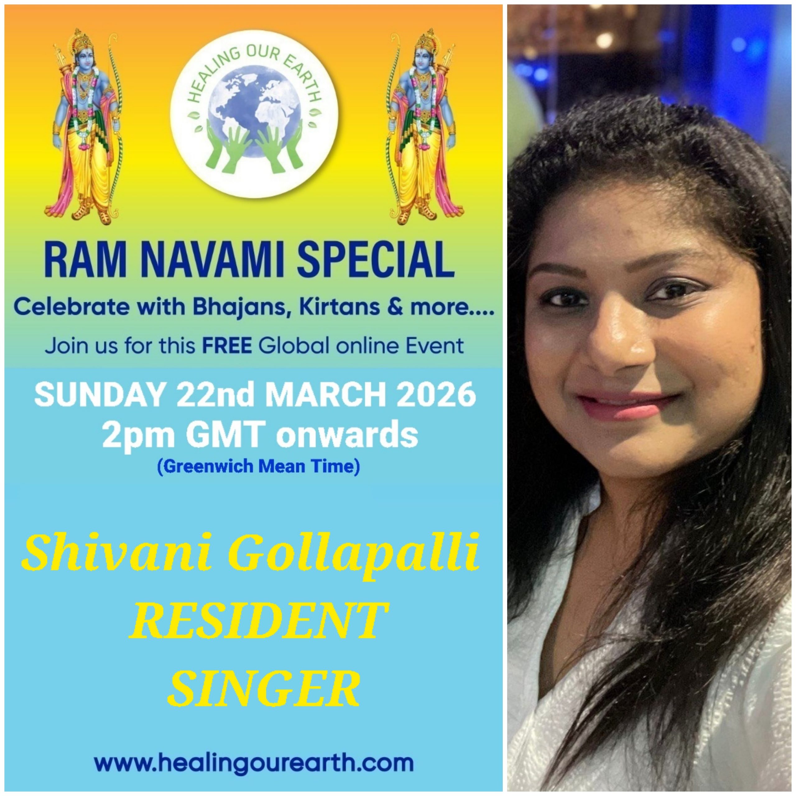 Colorful Ram Navami event poster with two images of a blue-skinned deity, promotional text, and event details. Central graphic features a planet held by hands. Event is on Sunday, 6th April 2025 at 2 PM BST. Website and Facebook link for more info.