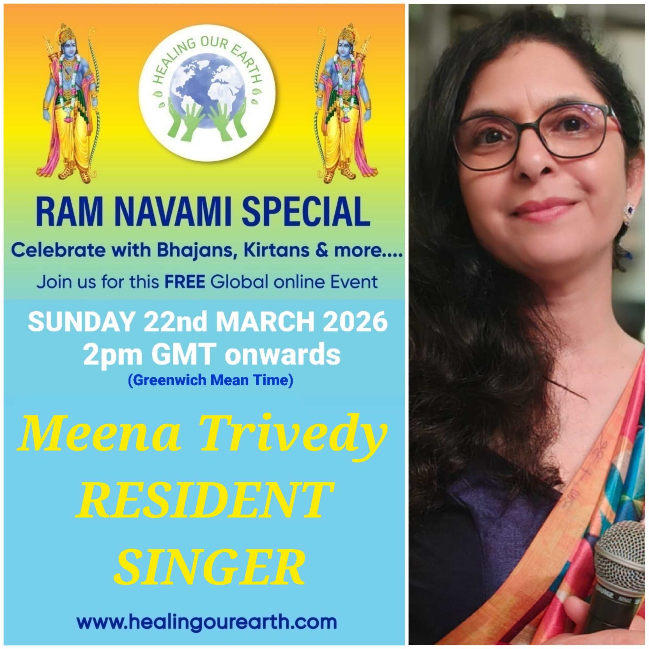 Colorful Ram Navami event poster with two images of a blue-skinned deity, promotional text, and event details. Central graphic features a planet held by hands. Event is on Sunday, 6th April 2025 at 2 PM BST. Website and Facebook link for more info.