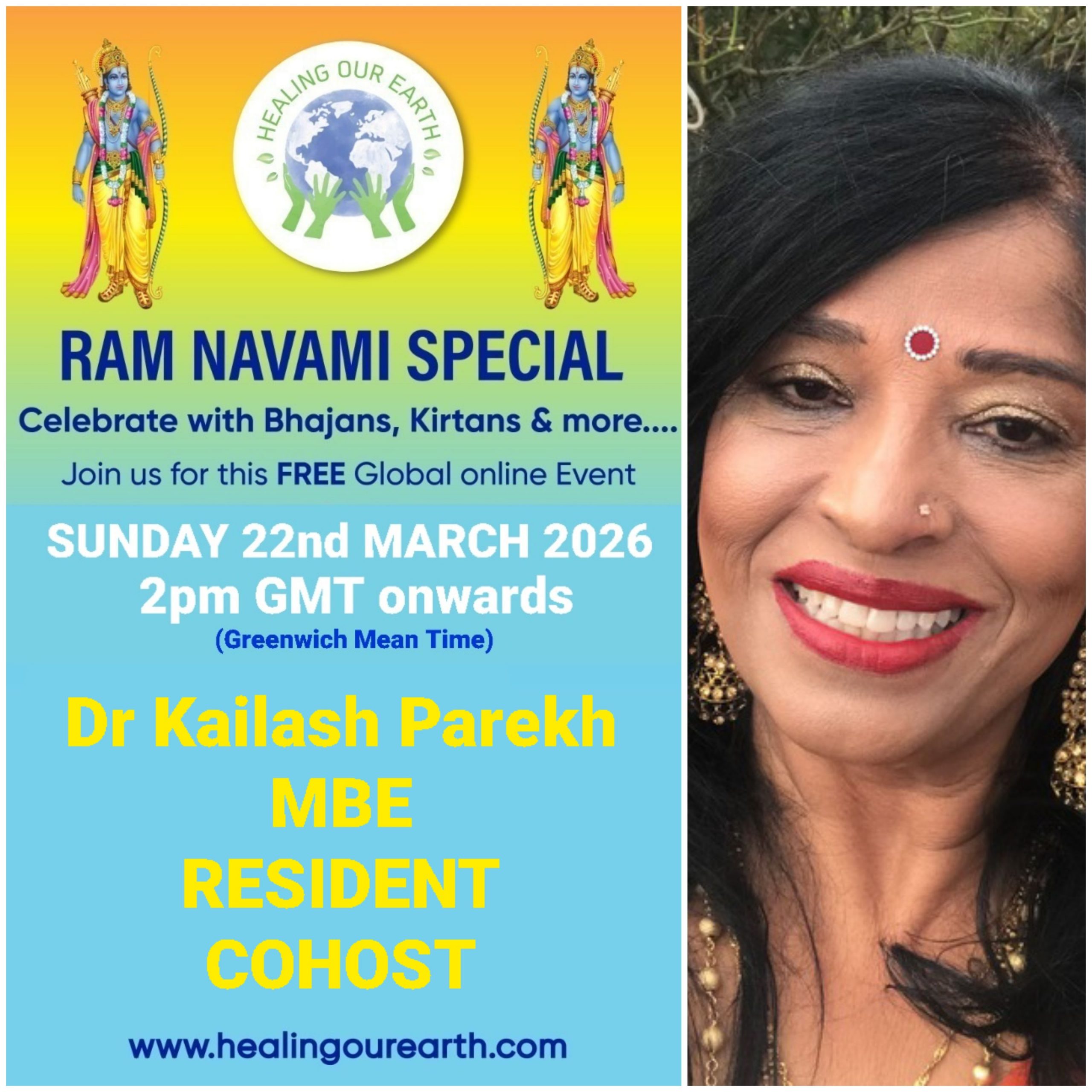 Colorful Ram Navami event poster with two images of a blue-skinned deity, promotional text, and event details. Central graphic features a planet held by hands. Event is on Sunday, 6th April 2025 at 2 PM BST. Website and Facebook link for more info.