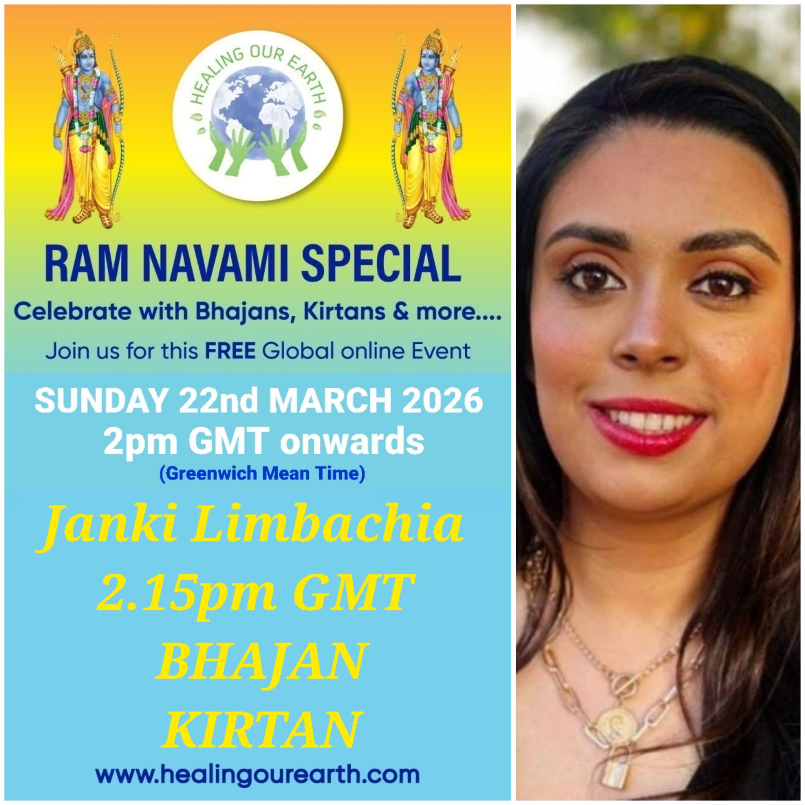 Colorful Ram Navami event poster with two images of a blue-skinned deity, promotional text, and event details. Central graphic features a planet held by hands. Event is on Sunday, 6th April 2025 at 2 PM BST. Website and Facebook link for more info.
