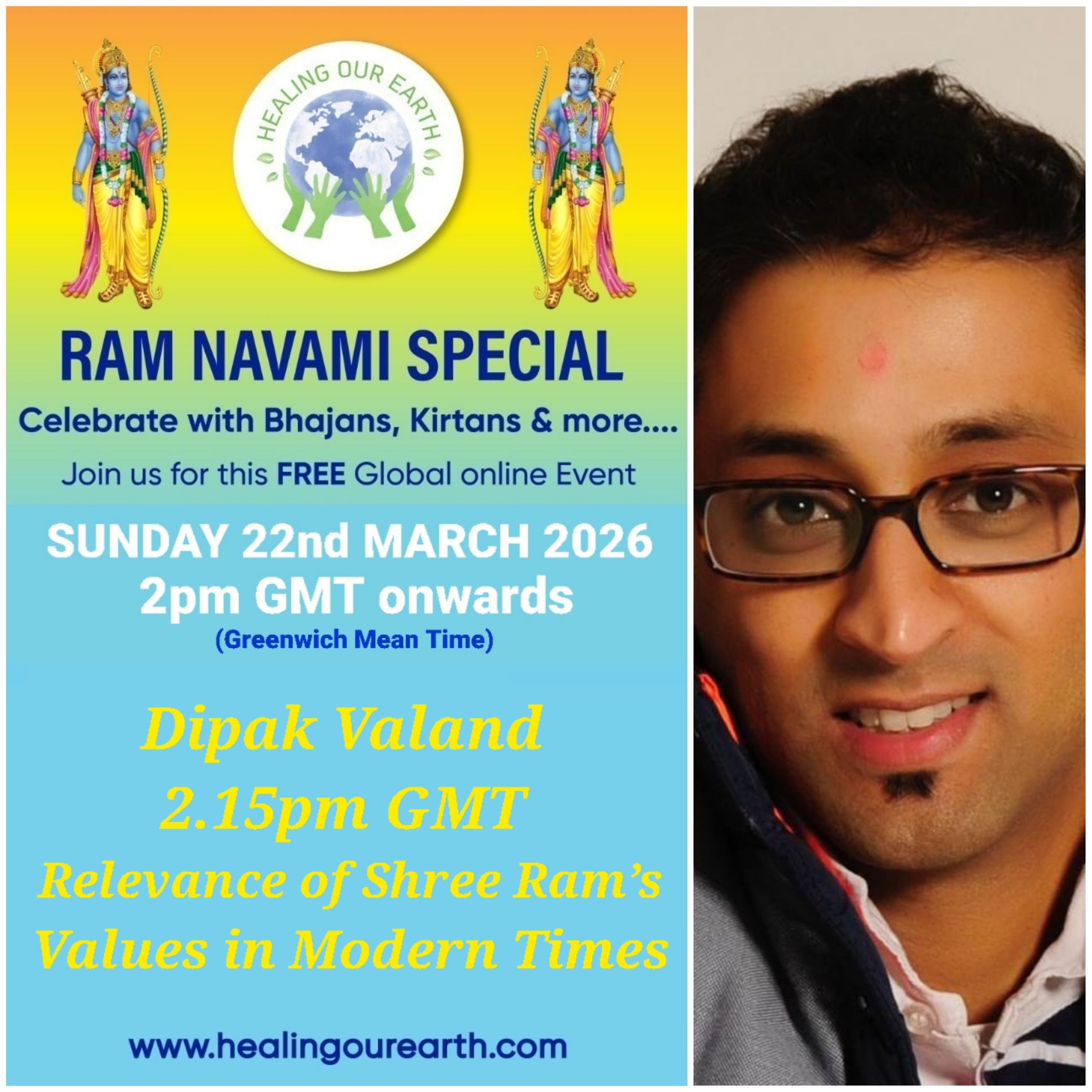 Colorful Ram Navami event poster with two images of a blue-skinned deity, promotional text, and event details. Central graphic features a planet held by hands. Event is on Sunday, 6th April 2025 at 2 PM BST. Website and Facebook link for more info.