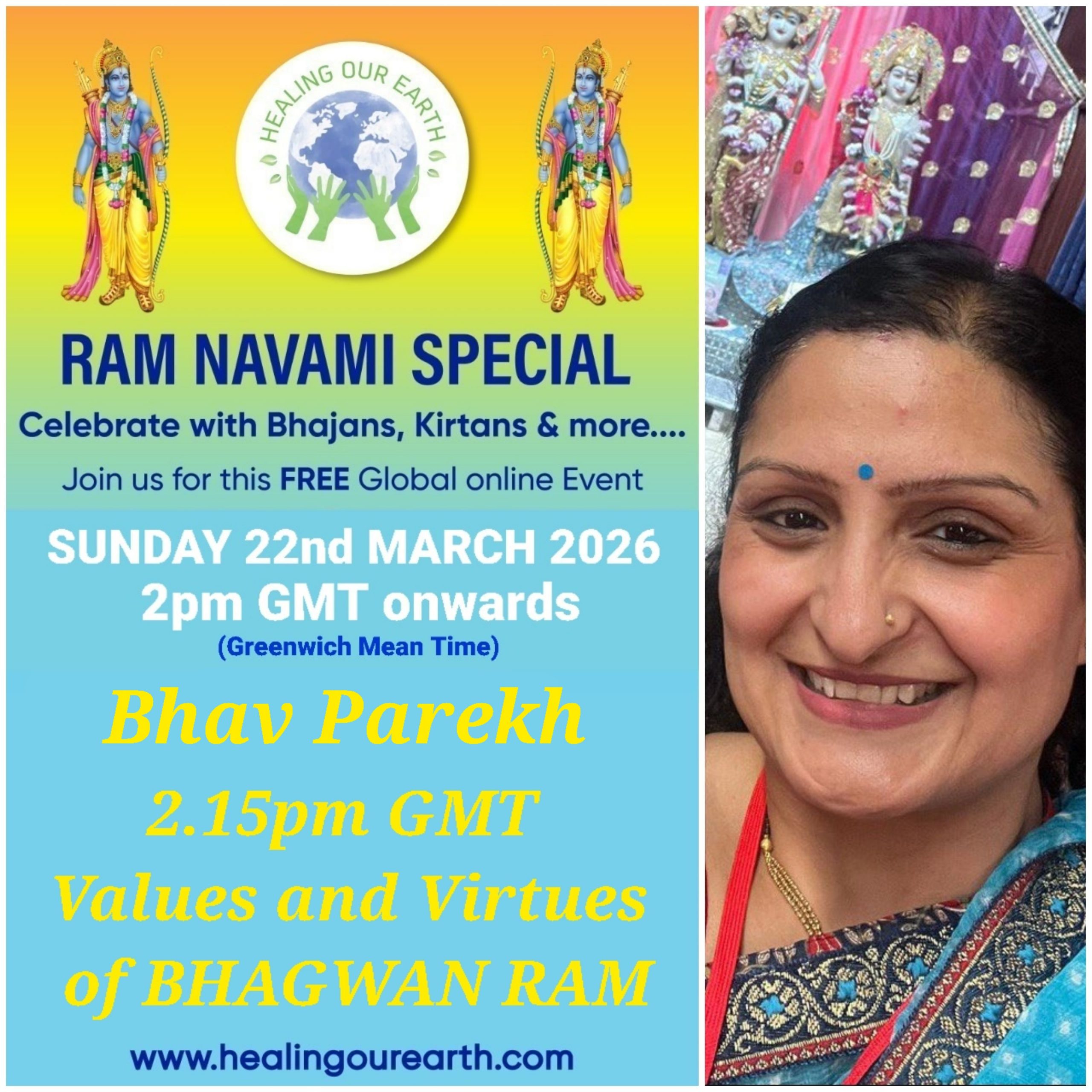 Colorful Ram Navami event poster with two images of a blue-skinned deity, promotional text, and event details. Central graphic features a planet held by hands. Event is on Sunday, 6th April 2025 at 2 PM BST. Website and Facebook link for more info.
