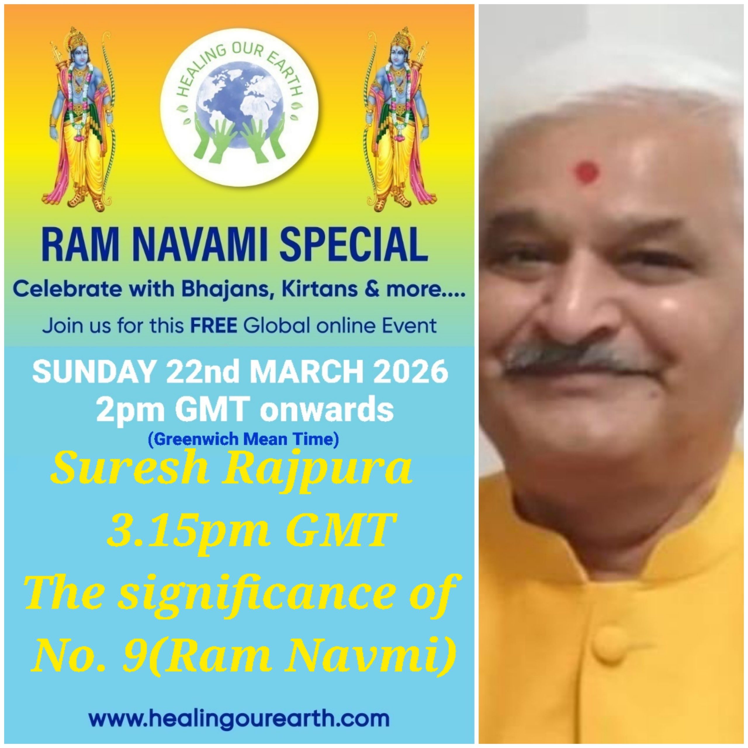 Colorful Ram Navami event poster with two images of a blue-skinned deity, promotional text, and event details. Central graphic features a planet held by hands. Event is on Sunday, 6th April 2025 at 2 PM BST. Website and Facebook link for more info.