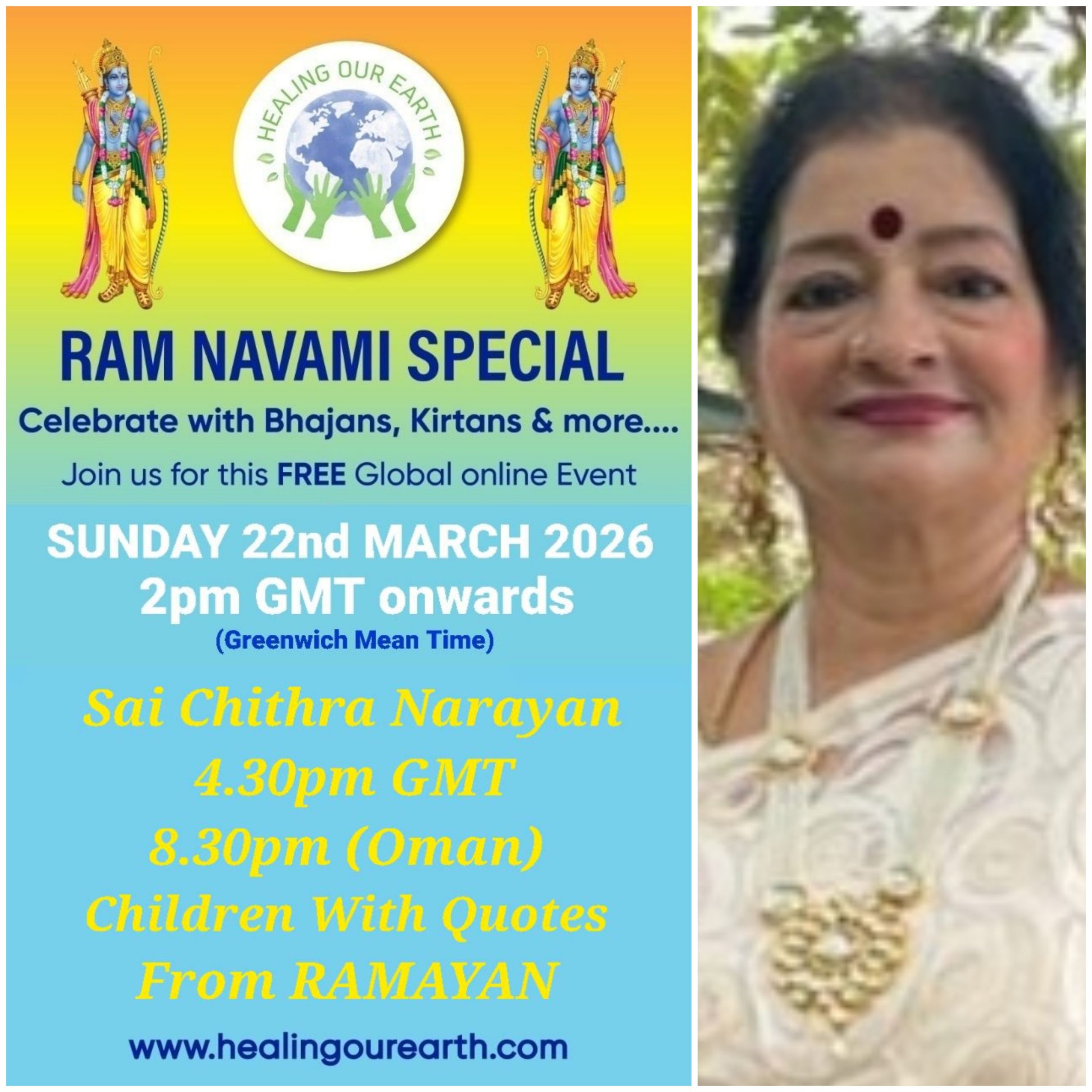 Colorful Ram Navami event poster with two images of a blue-skinned deity, promotional text, and event details. Central graphic features a planet held by hands. Event is on Sunday, 6th April 2025 at 2 PM BST. Website and Facebook link for more info.
