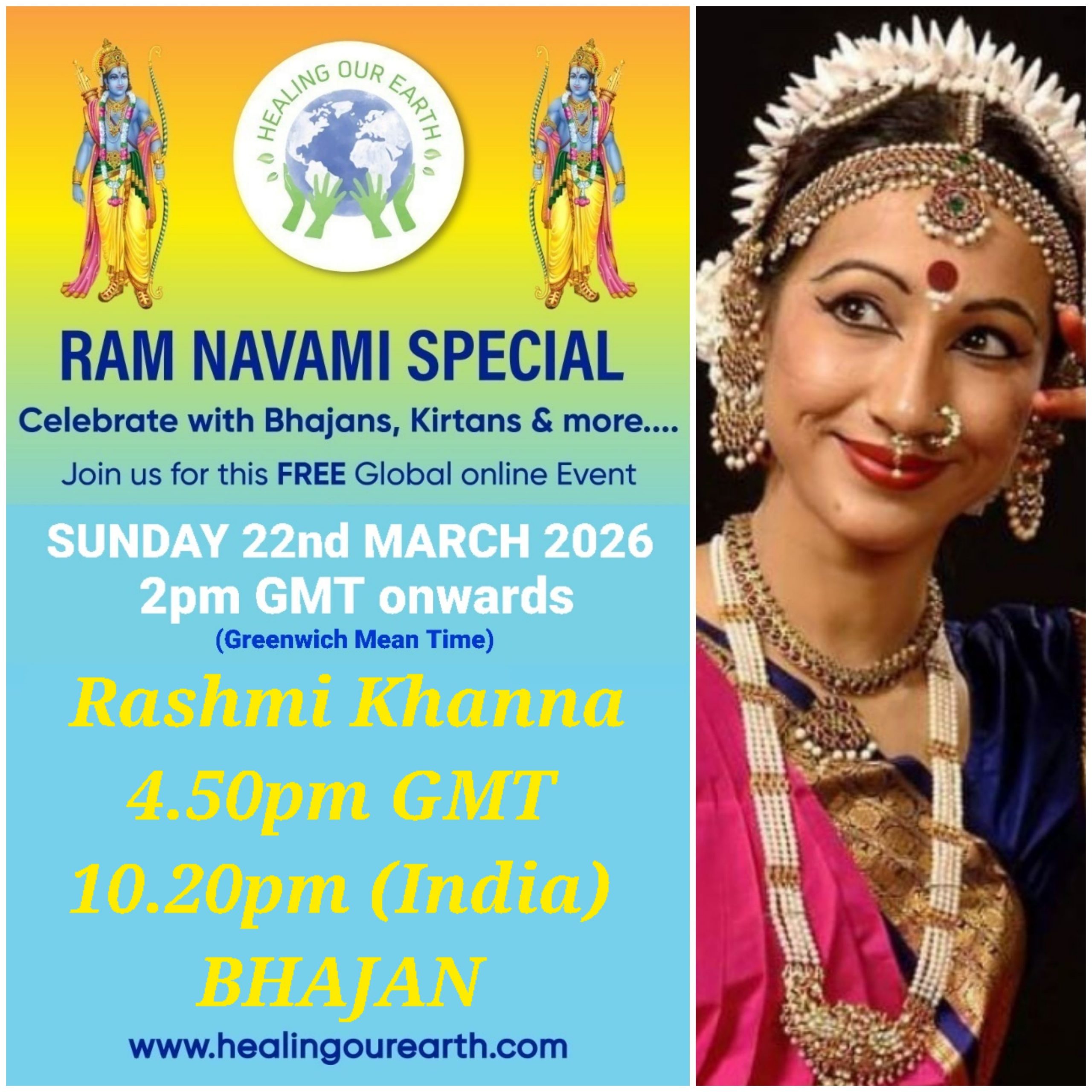 Colorful Ram Navami event poster with two images of a blue-skinned deity, promotional text, and event details. Central graphic features a planet held by hands. Event is on Sunday, 6th April 2025 at 2 PM BST. Website and Facebook link for more info.