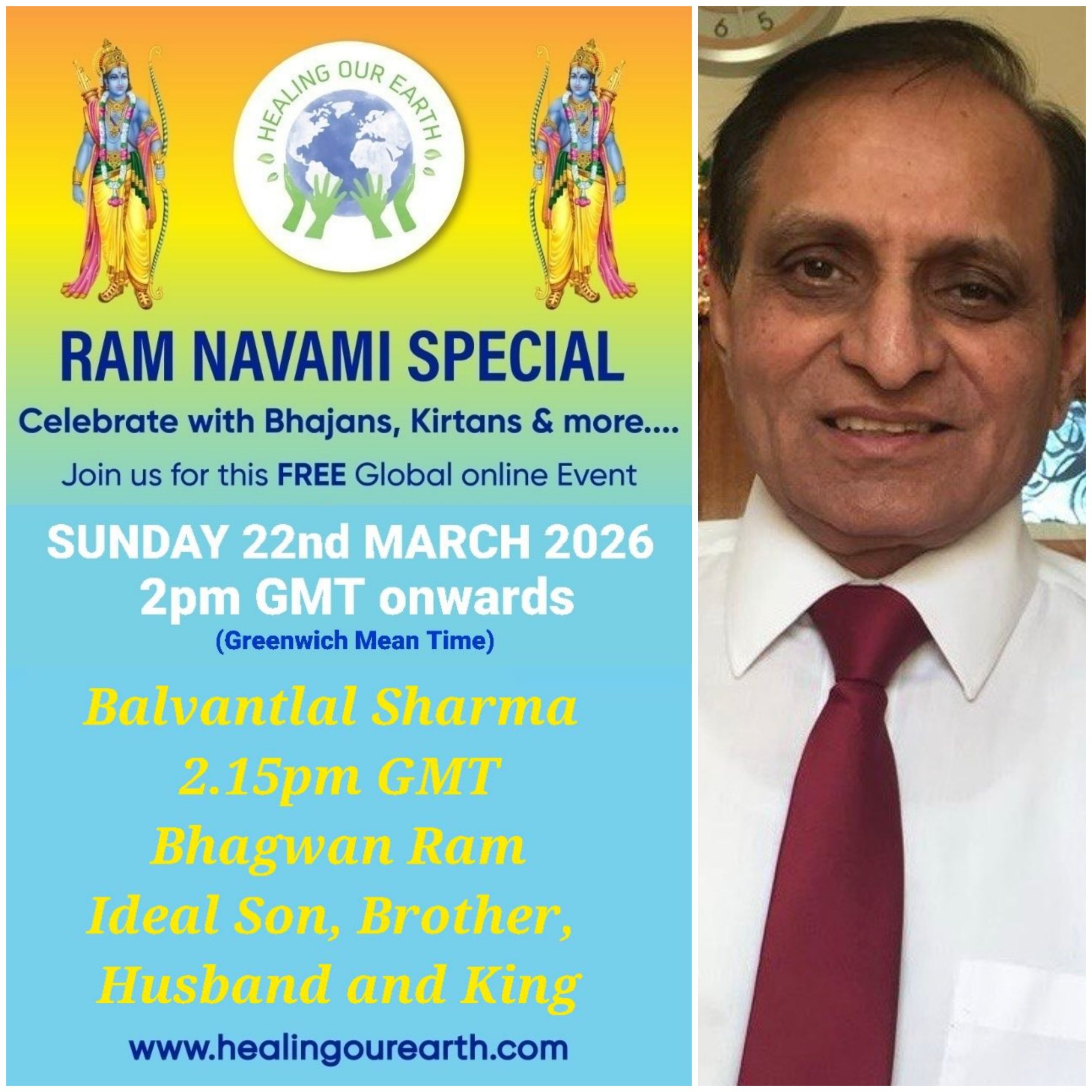 Colorful Ram Navami event poster with two images of a blue-skinned deity, promotional text, and event details. Central graphic features a planet held by hands. Event is on Sunday, 6th April 2025 at 2 PM BST. Website and Facebook link for more info.