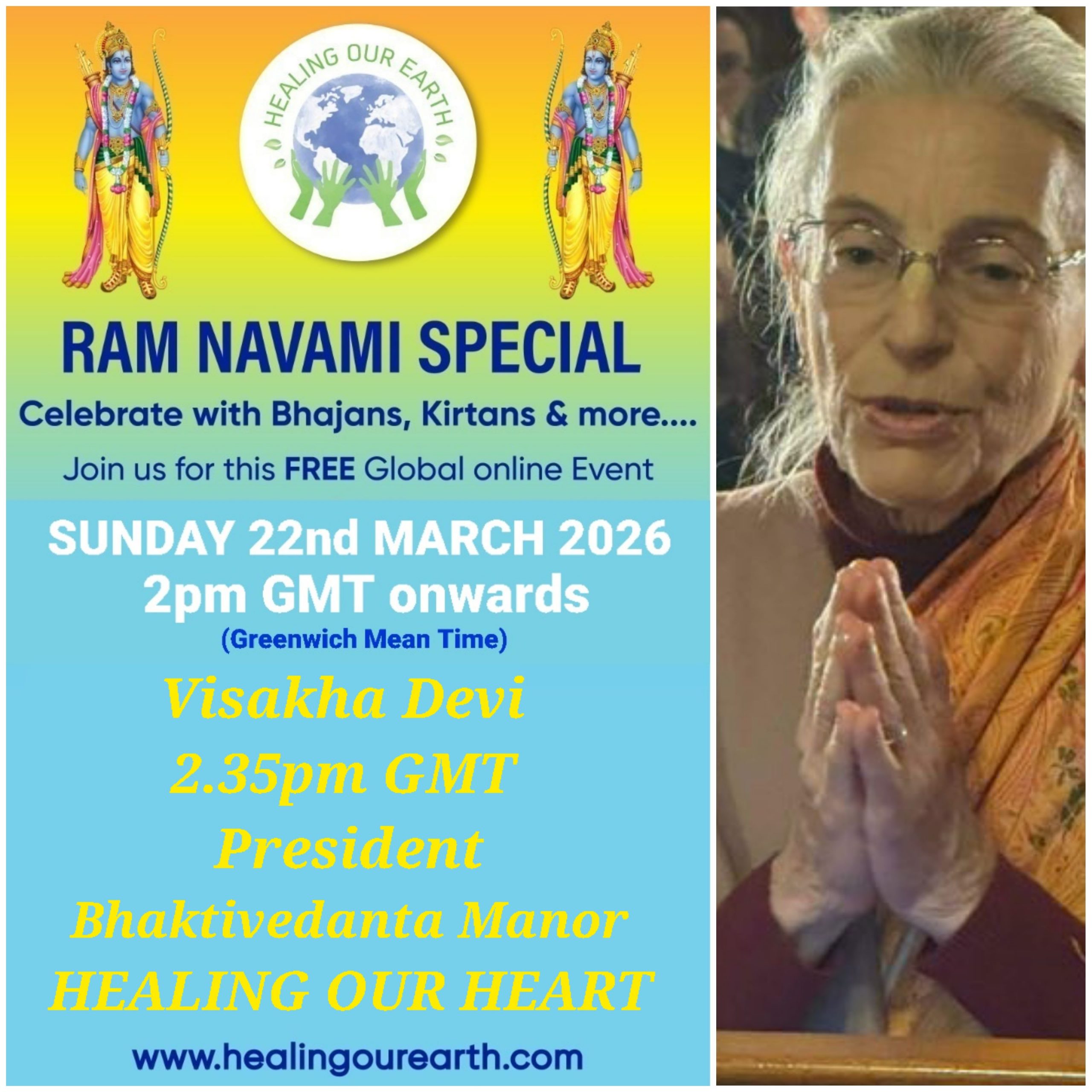 Colorful Ram Navami event poster with two images of a blue-skinned deity, promotional text, and event details. Central graphic features a planet held by hands. Event is on Sunday, 6th April 2025 at 2 PM BST. Website and Facebook link for more info.