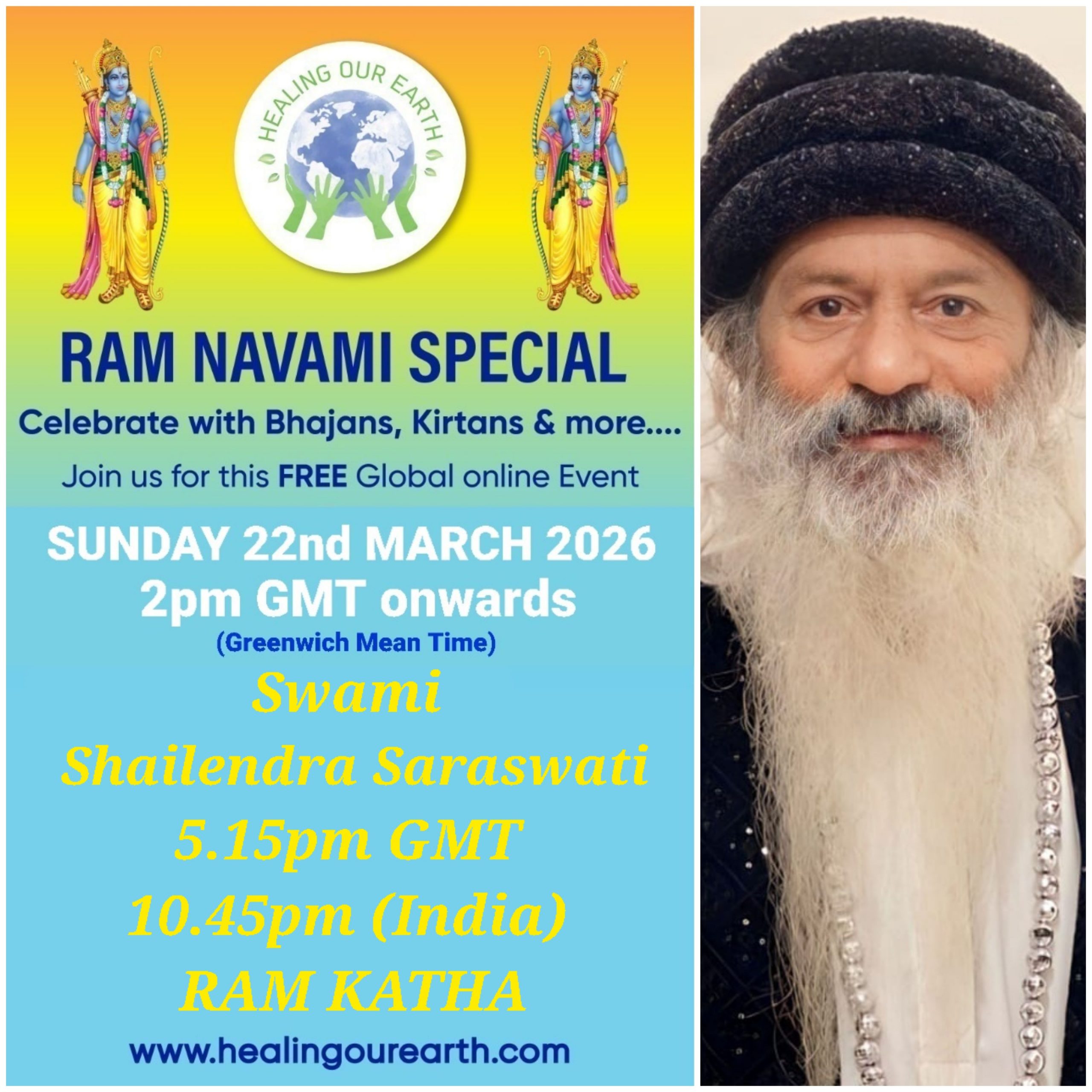 Colorful Ram Navami event poster with two images of a blue-skinned deity, promotional text, and event details. Central graphic features a planet held by hands. Event is on Sunday, 6th April 2025 at 2 PM BST. Website and Facebook link for more info.