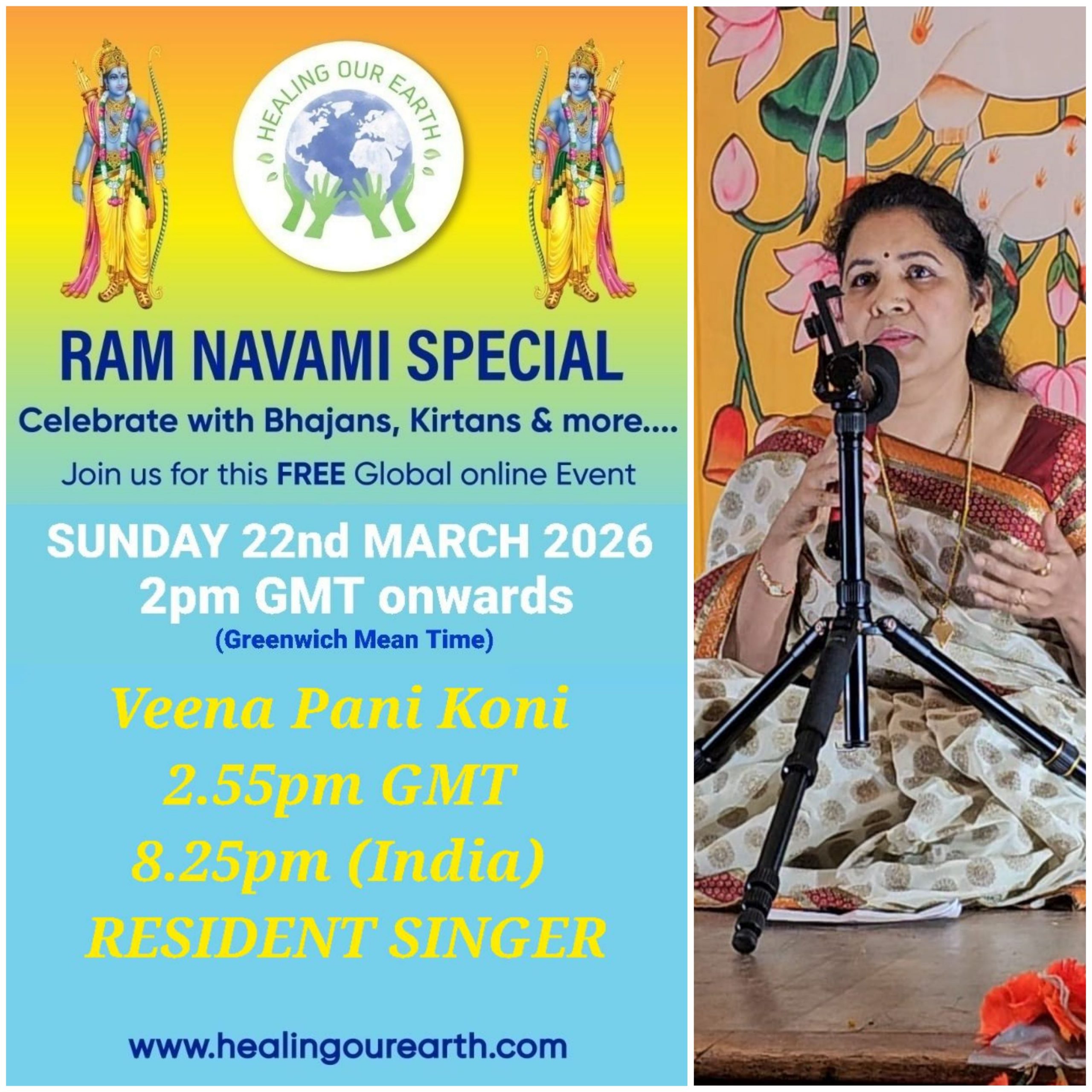 Colorful Ram Navami event poster with two images of a blue-skinned deity, promotional text, and event details. Central graphic features a planet held by hands. Event is on Sunday, 6th April 2025 at 2 PM BST. Website and Facebook link for more info.